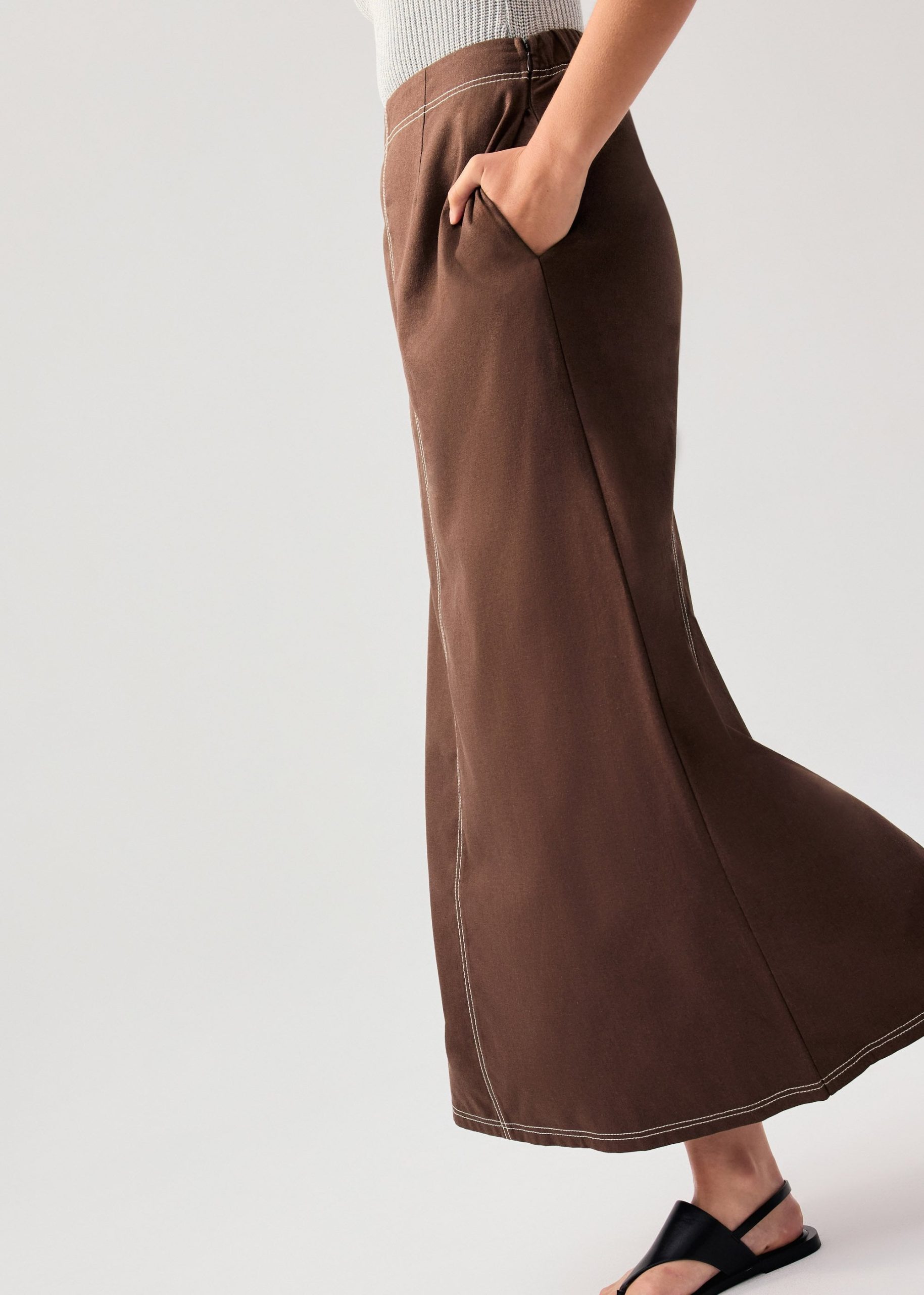 Elastic Contrast Stitch High Waist A-line Maxi Skirt - Image 20