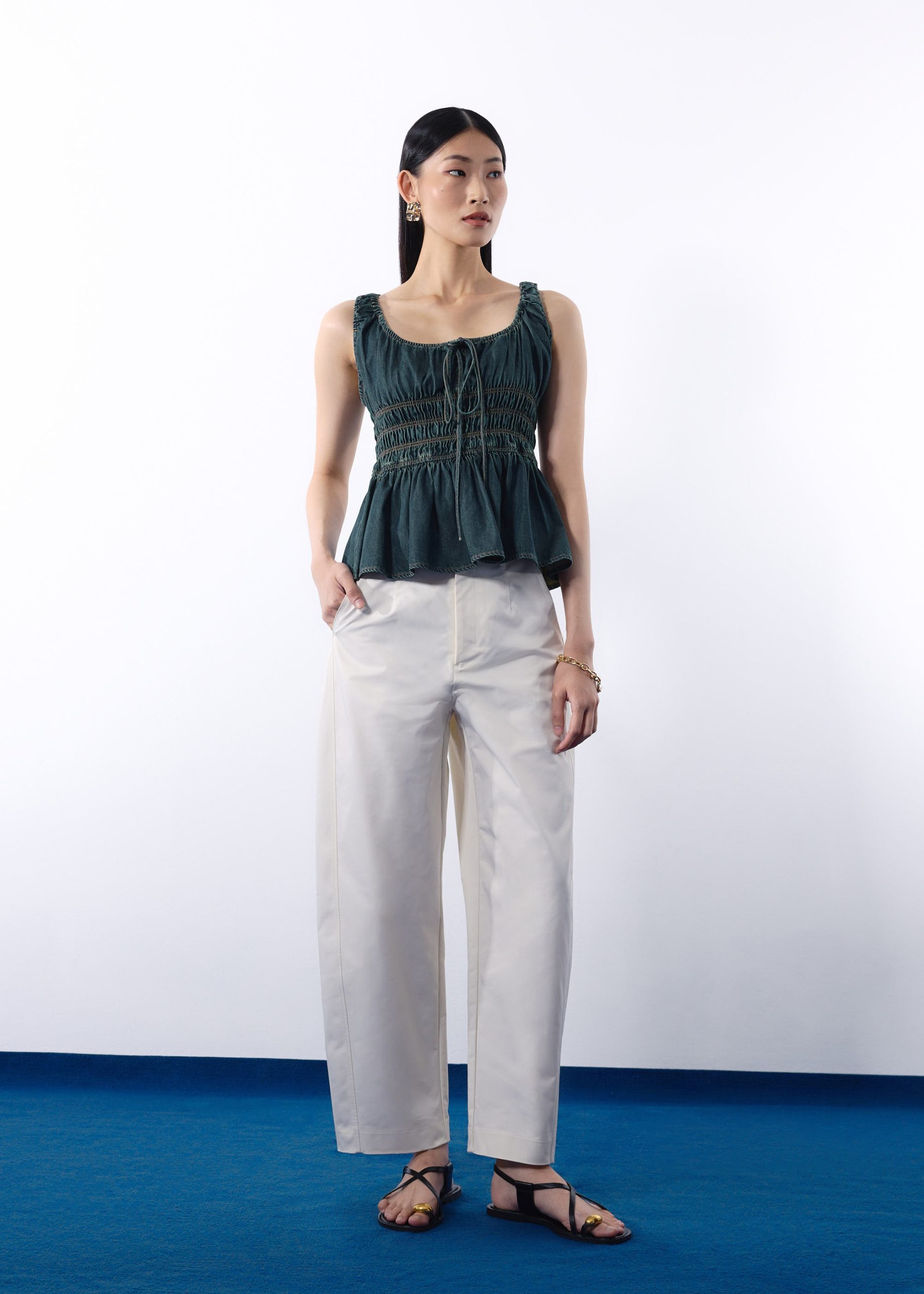 Ruched Vintage Wash Denim Tunic Top - Image 2