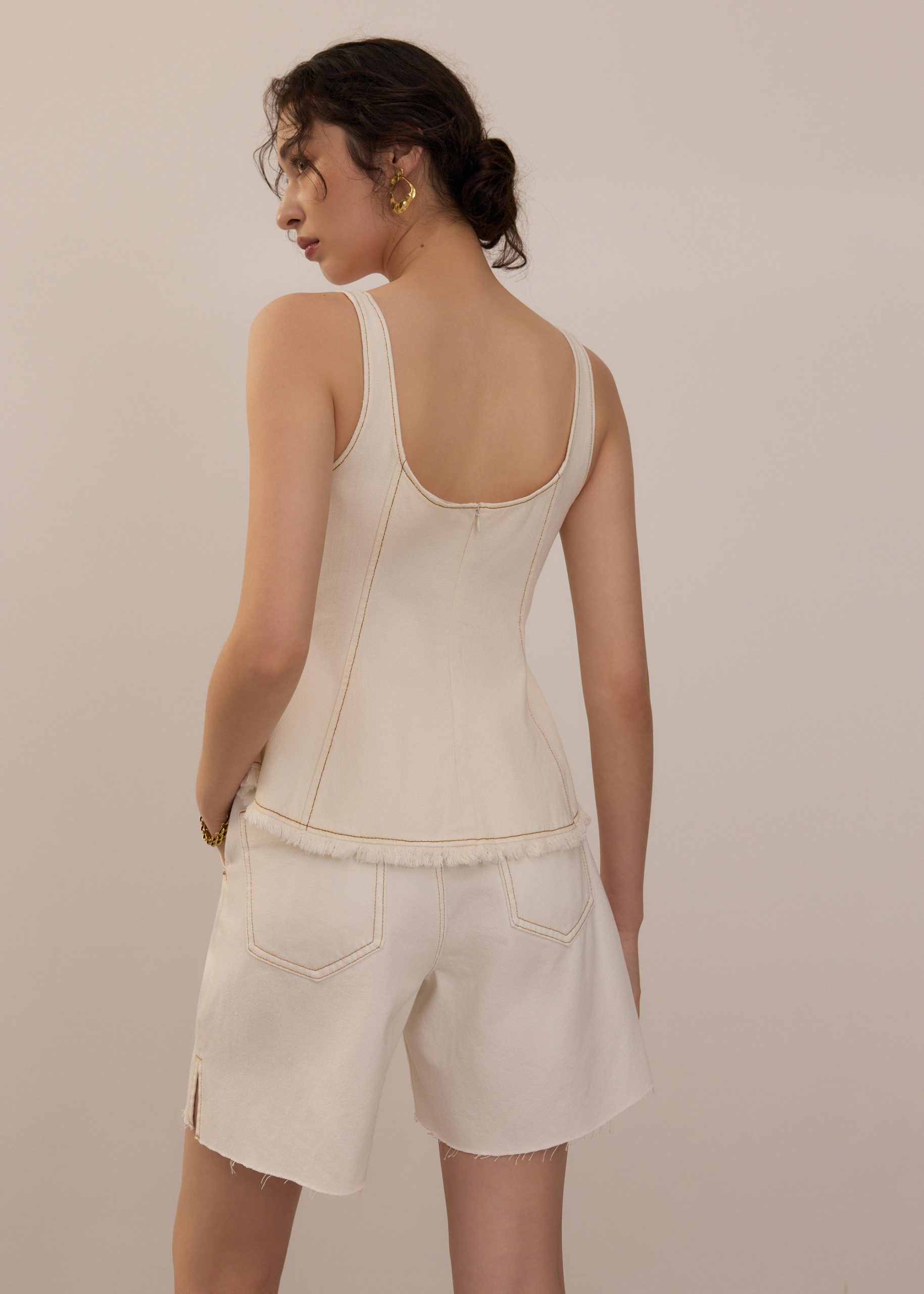 Denim Scoop Neck Peplum Top - Image 9