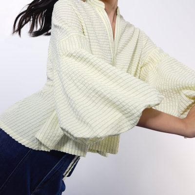 Pinstripe Seersucker Notched Puff Sleeve Peplum Blouse