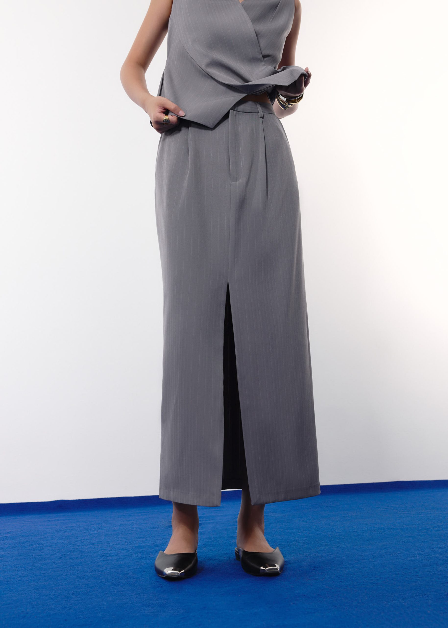 Blake Tailored Pinstripe Front Slit Column Maxi Skirt - Image 4