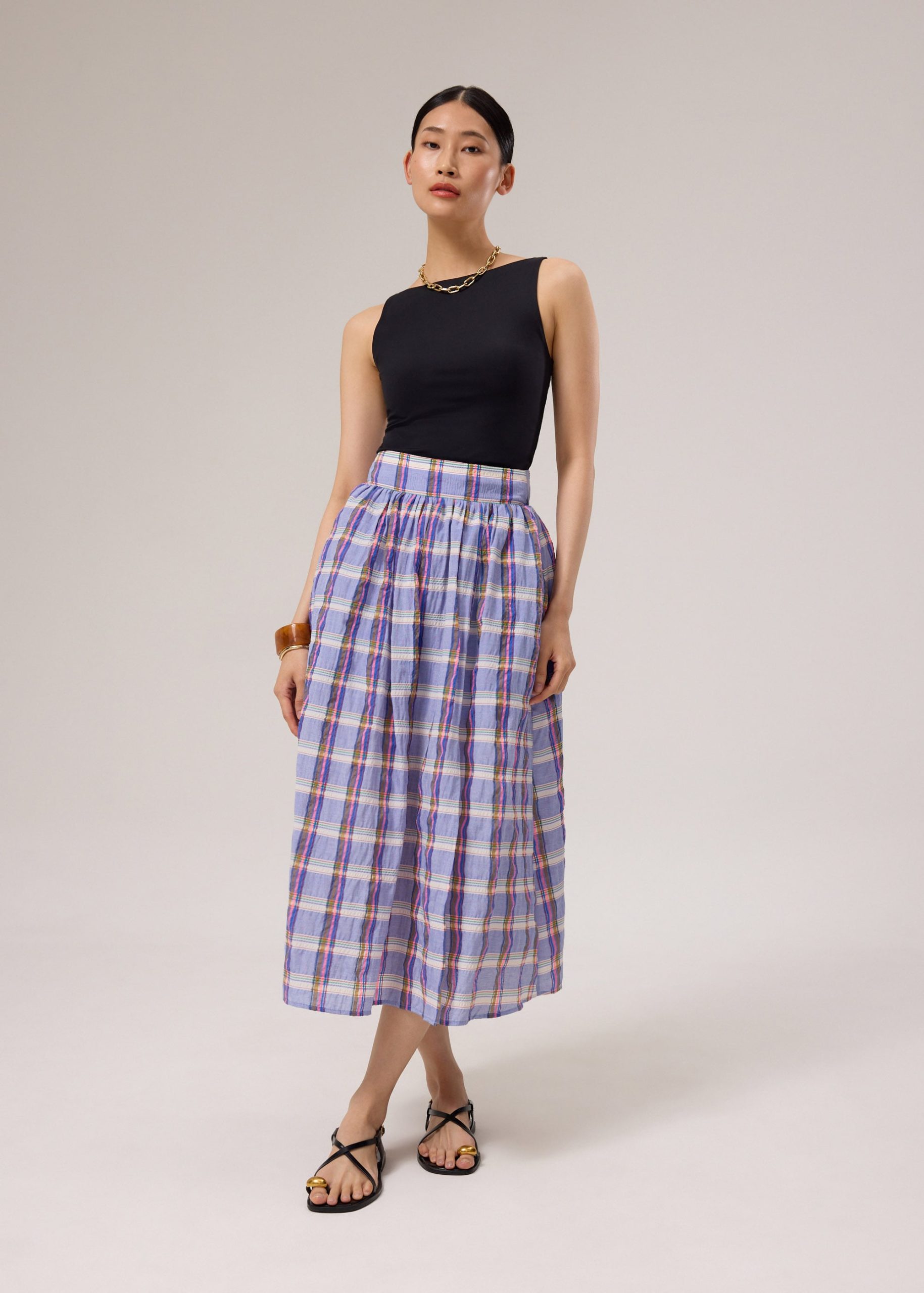 Crinkled Plaid High Waist Flare Midaxi Skirt - Image 6