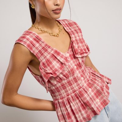 Crinkled Plaid V-neck Button Down Peplum Top