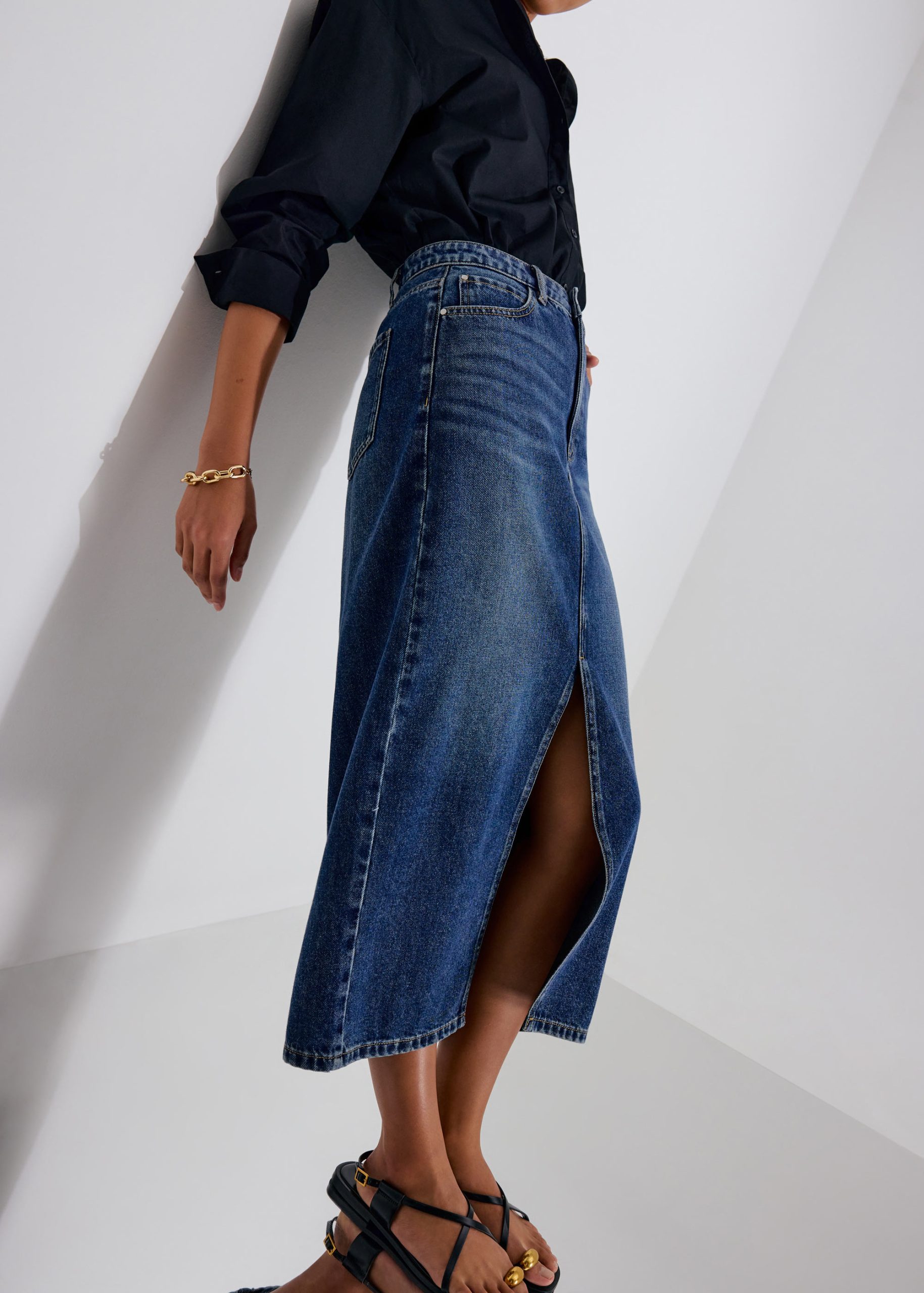 Minsi Denim Front Slit Column Midi Skirt - Image 2