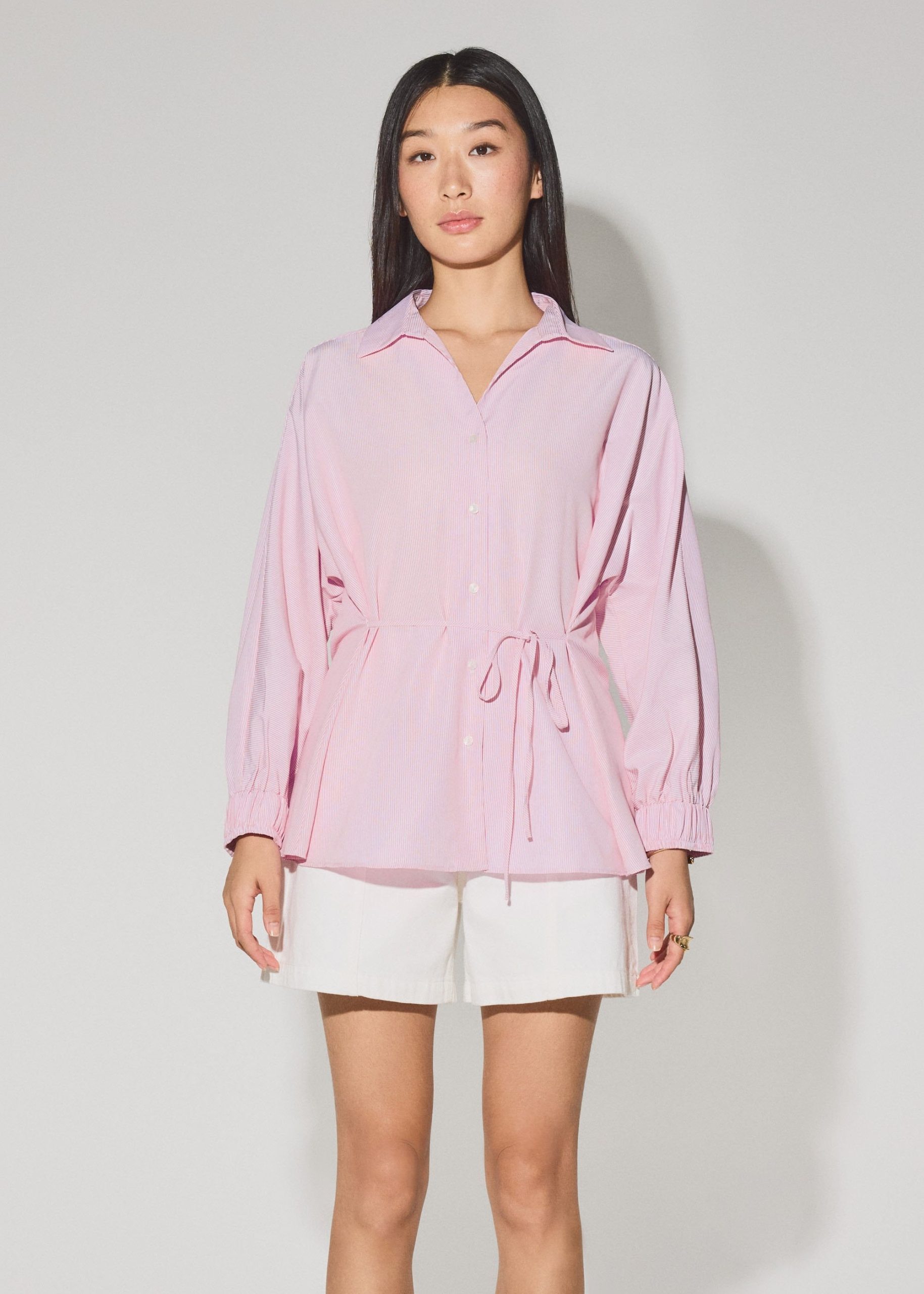 Striped Cotton Collared Puff Sleeve Button Down Top - Image 13