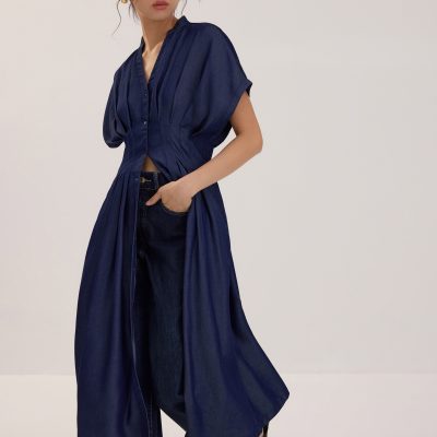 Chambray Batwing Fit & Flare Midi Dress