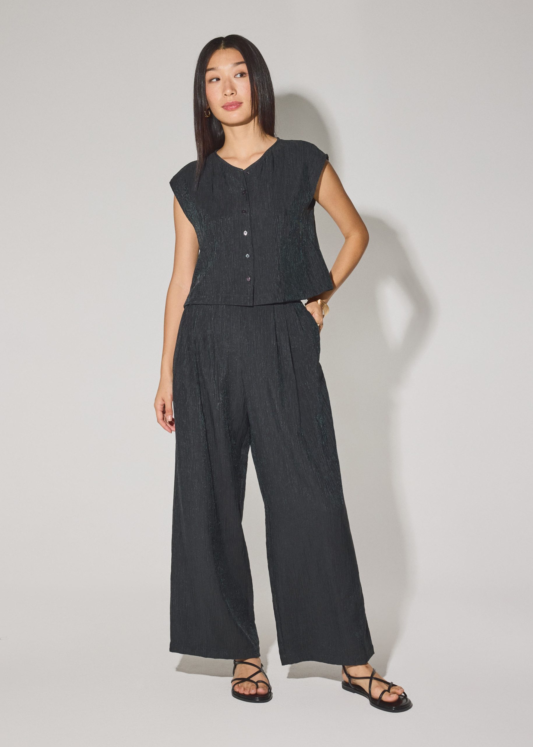 Elastic Textured Lyocell Mid Waist Straight Leg Pants - Image 6