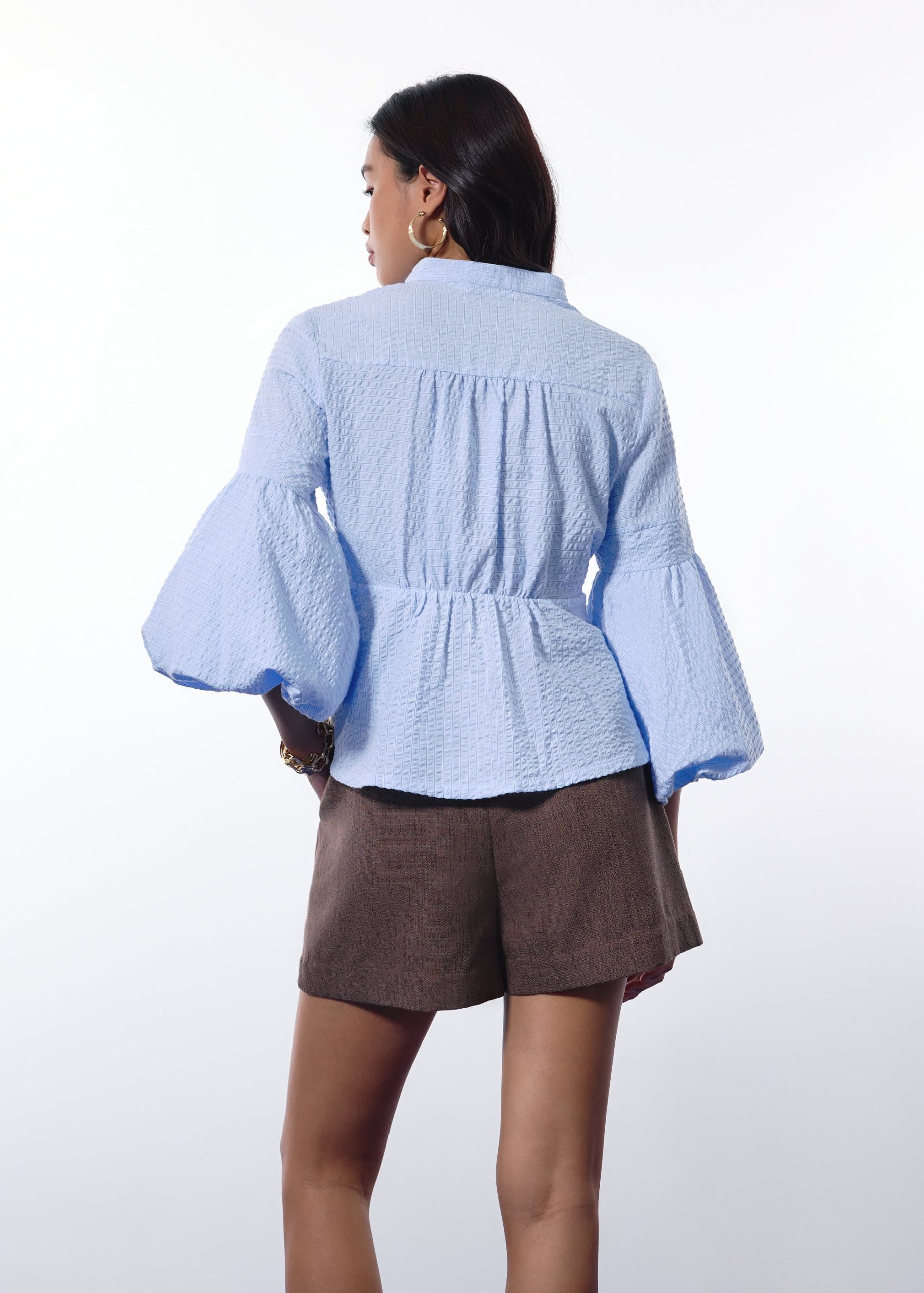 Pinstripe Seersucker Notched Puff Sleeve Peplum Blouse - Image 6