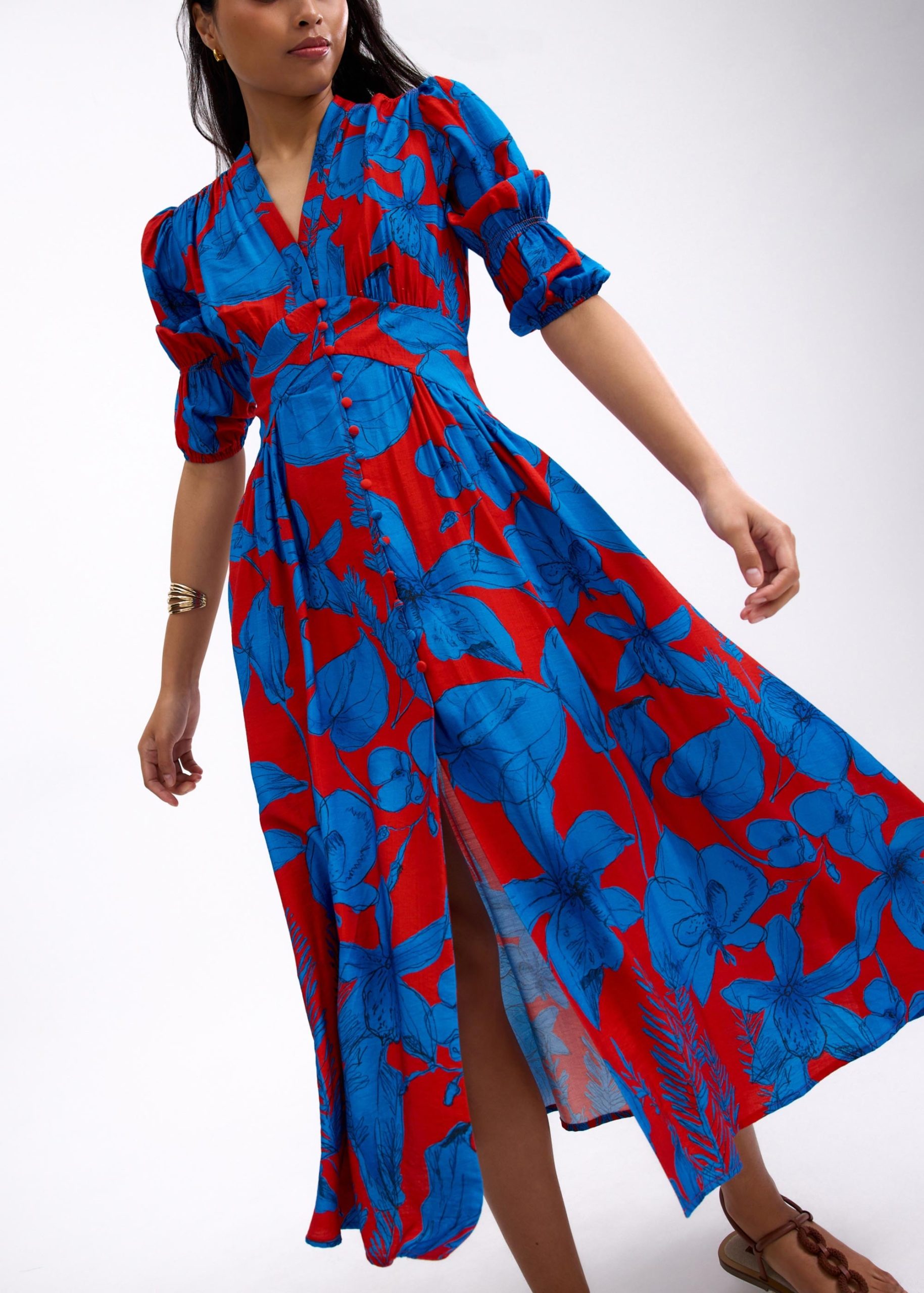 V-neck Puff Sleeve Fit & Flare Midaxi Dress in Garden City Blooms - Image 13