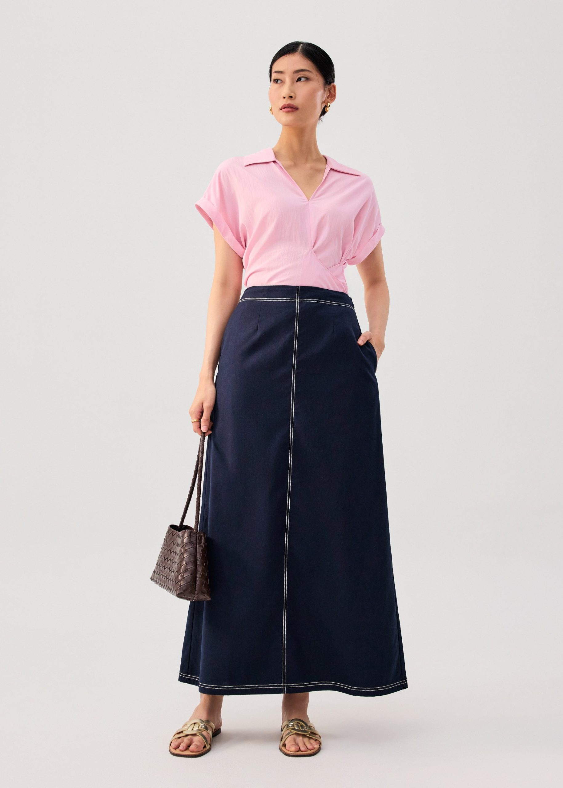 Elastic Contrast Stitch High Waist A-line Maxi Skirt - Image 9