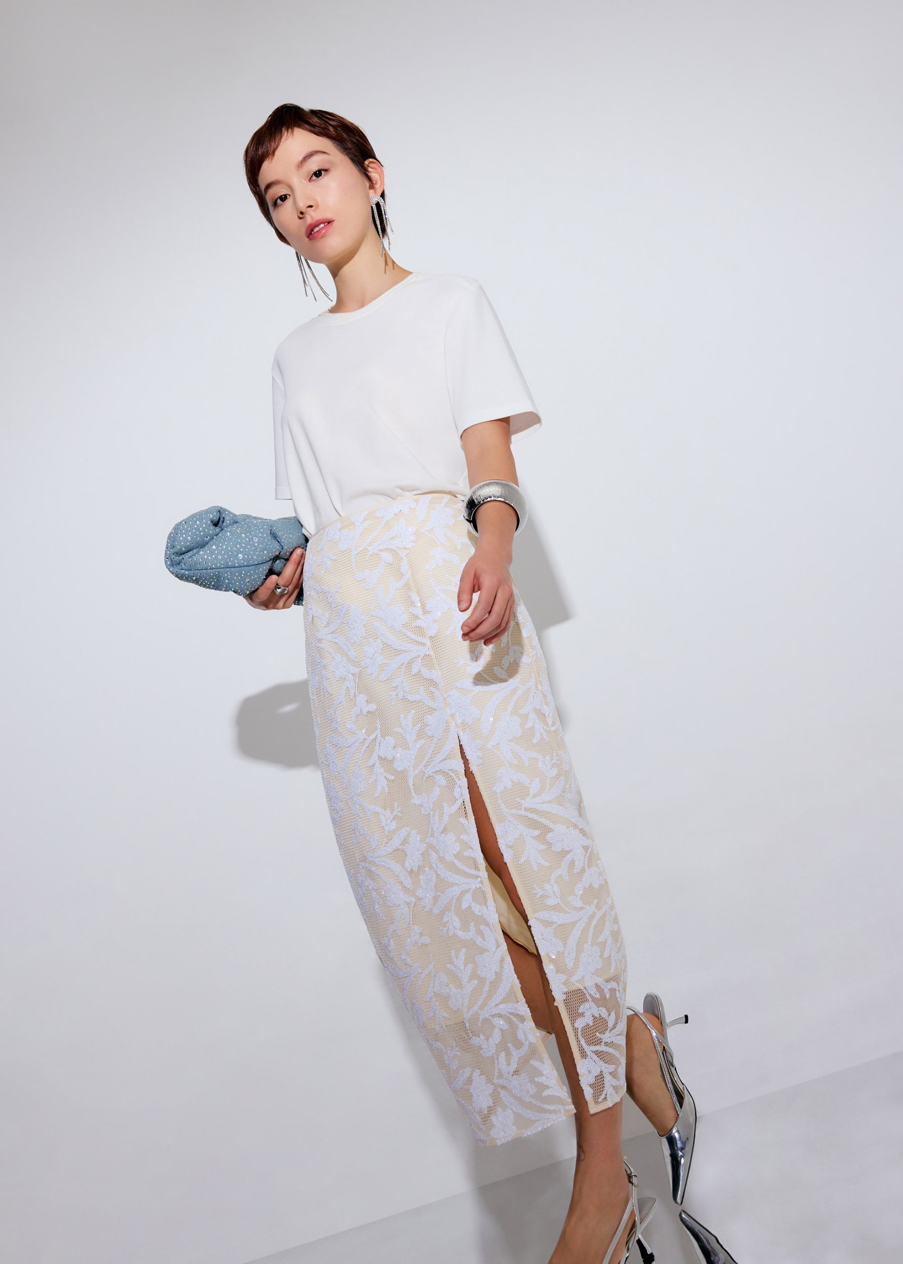 Floral Sequin High Waist Side Slit Column Midaxi Skirt - Image 3