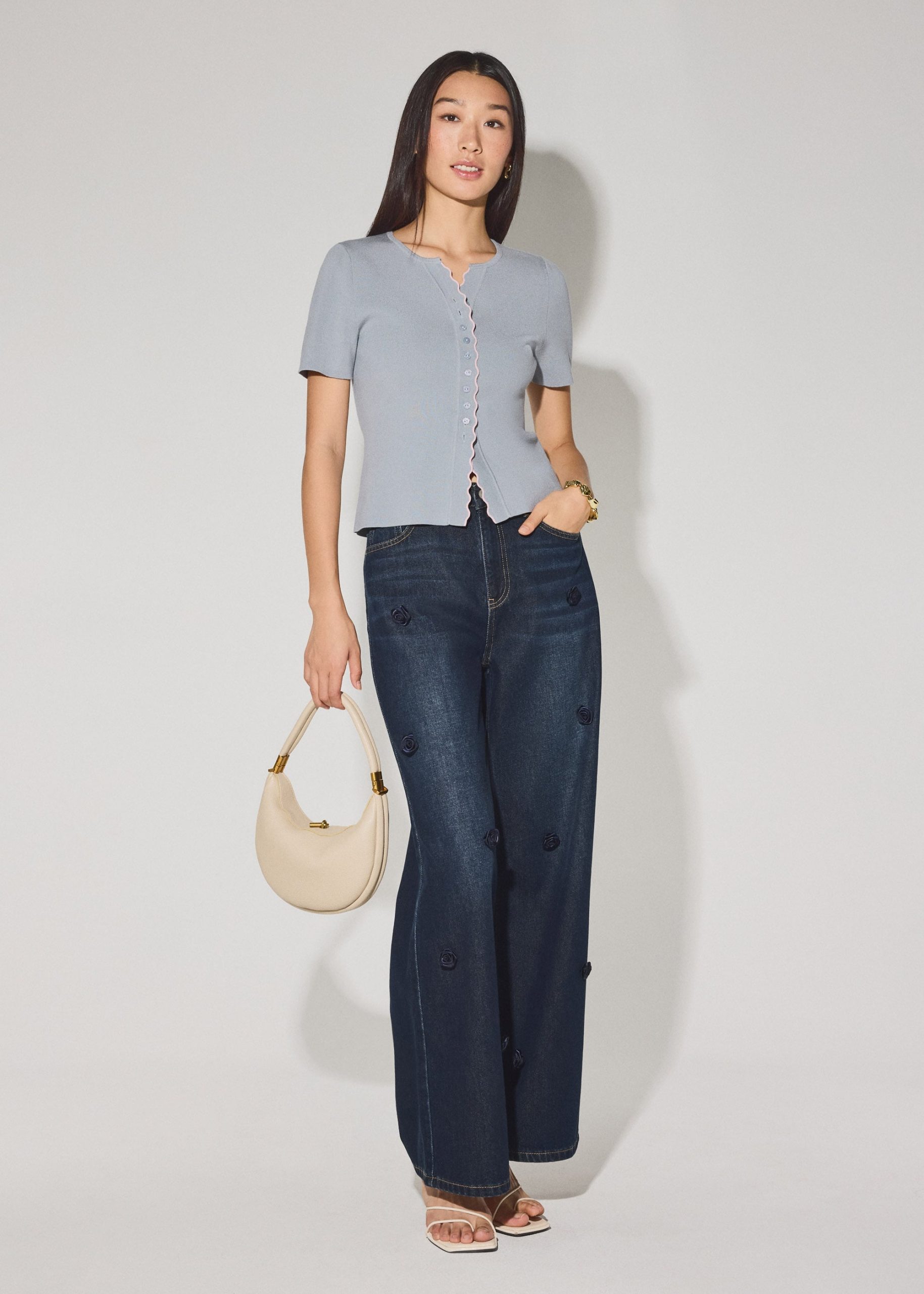 Knit Scallop Edge Fitted Button Down Top - Image 8