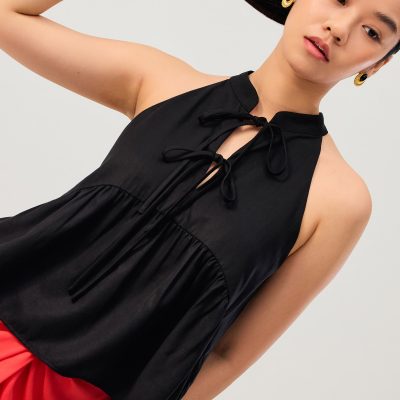 Lyocell Pleated Front Tie Mandarin Collar Peplum Shell Top