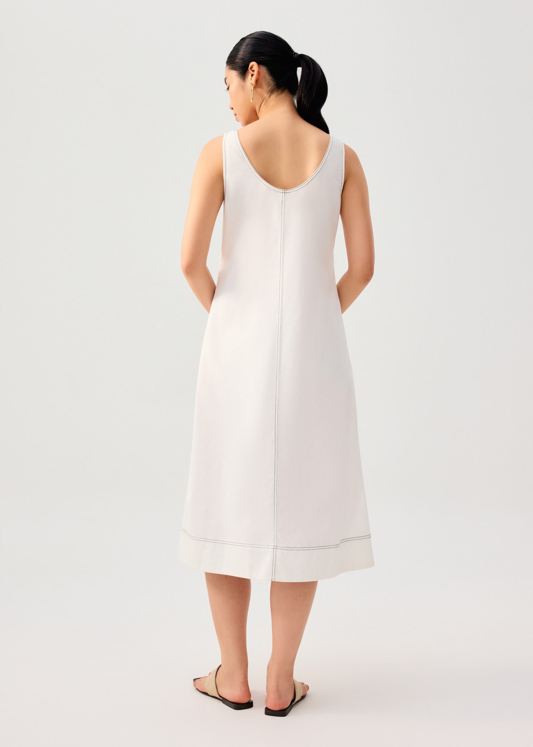 Contrast Stitch Cotton Scoop Neck A-Line Midi Dress - Image 2