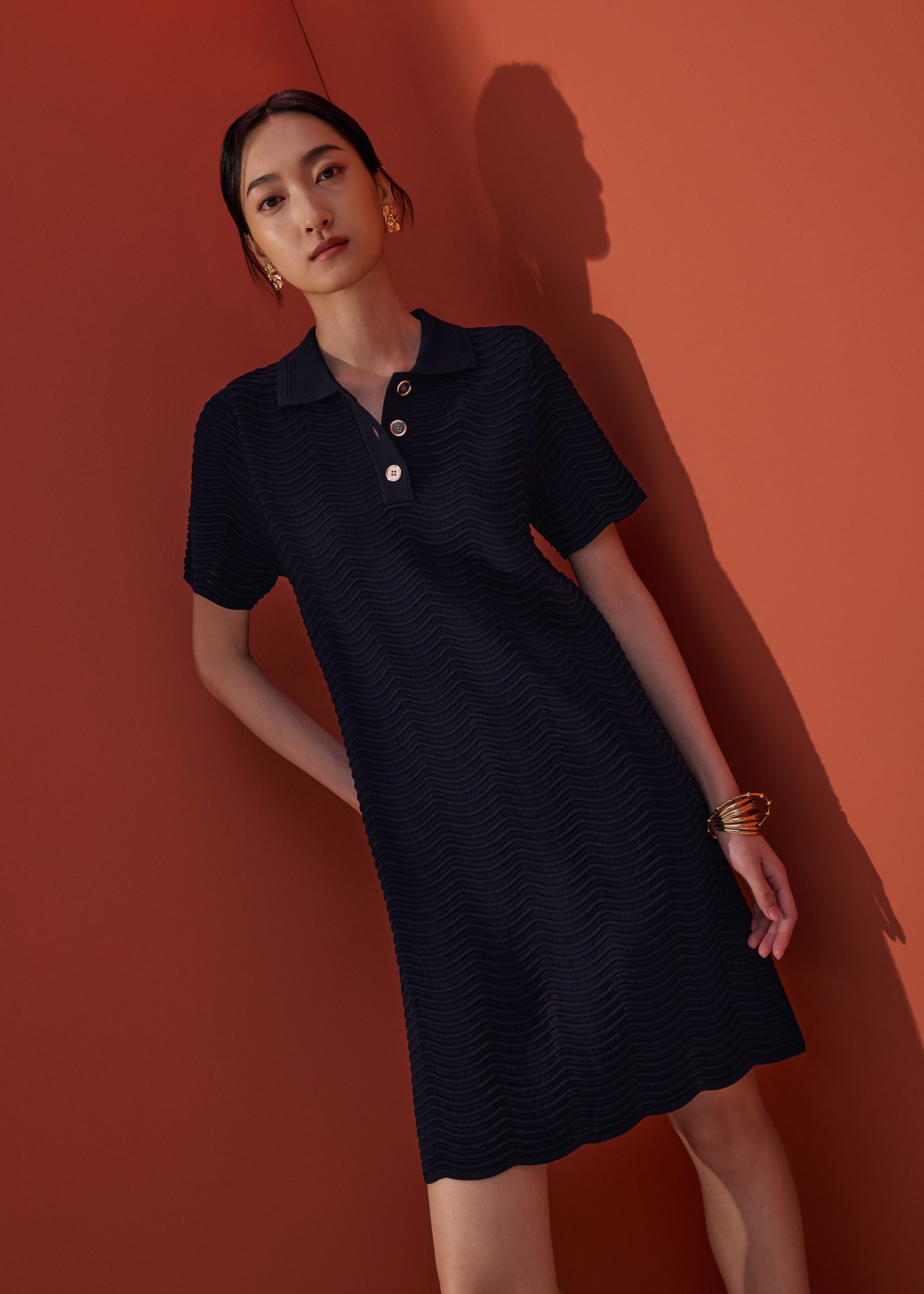 Wavy Knit Collared A-Line Mini Dress - Image 10