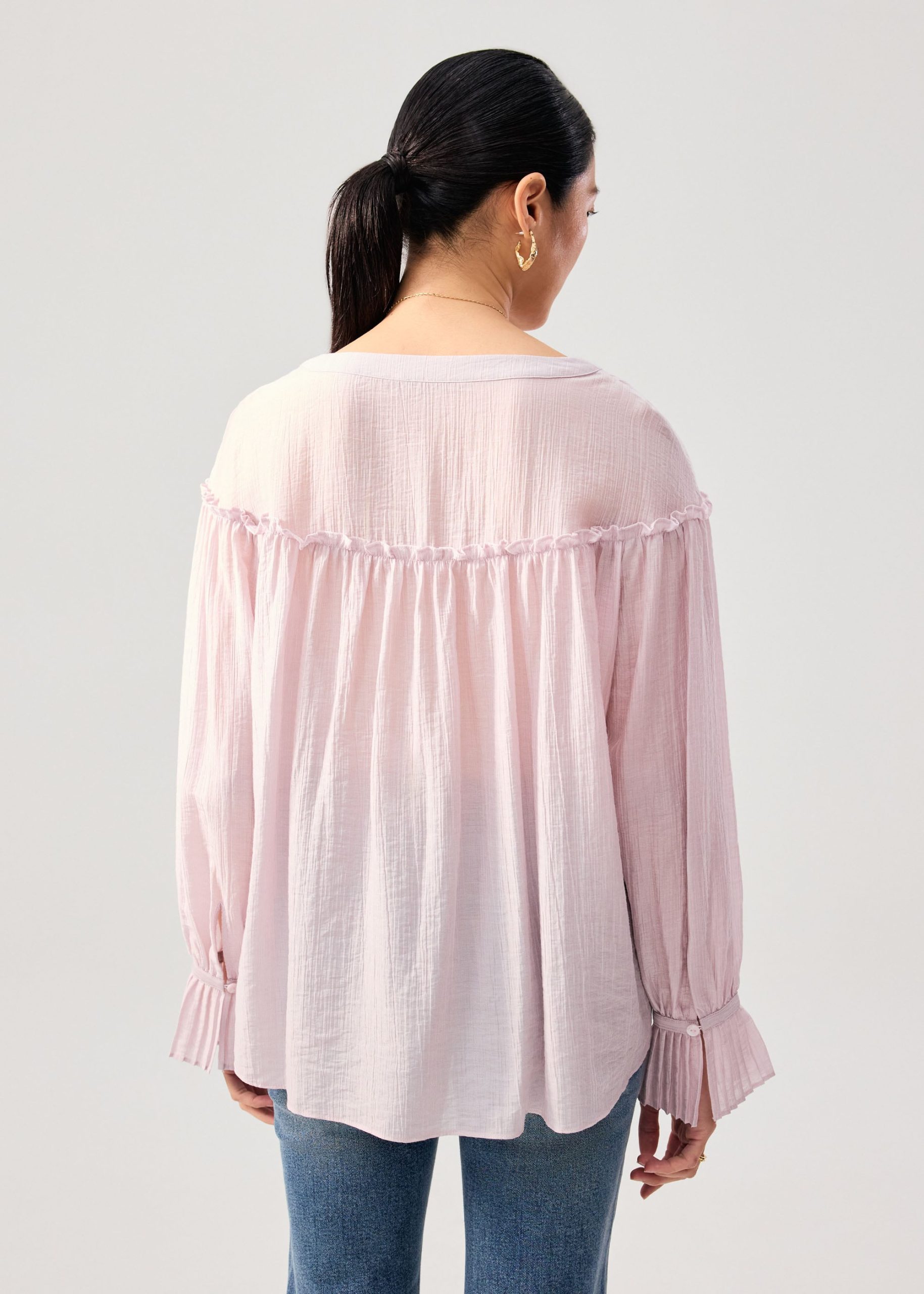 Relaxed Ruffle Trim Lyocell V-neck Long Blouse - Image 10