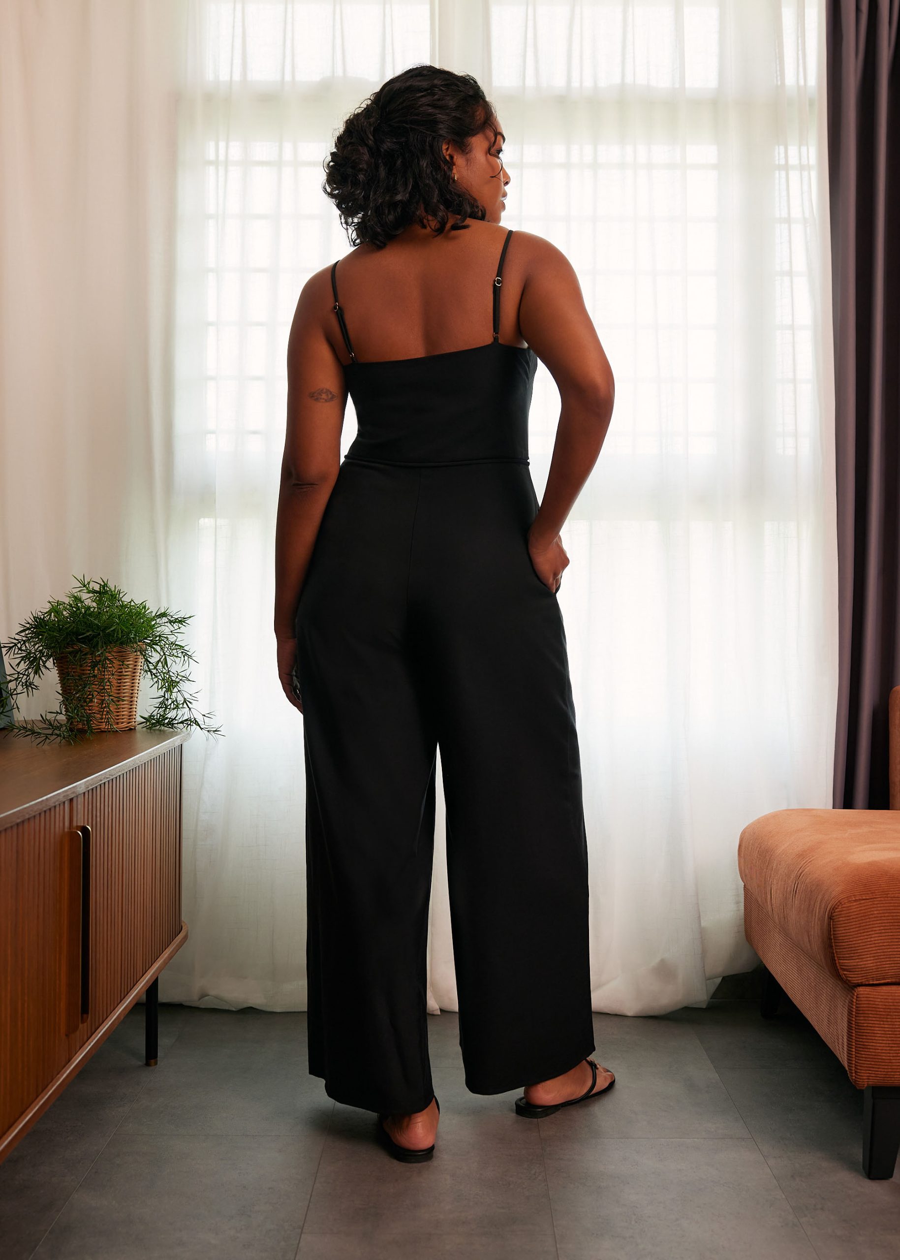 Belted Straight Neck Wide Leg Jumpsuit - Image 5