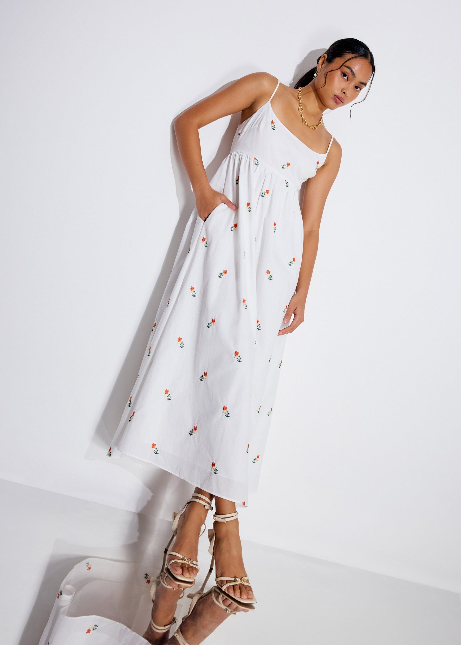 Cotton Floral Embroidery Camisole Fit & Flare Maxi Dress - Image 4