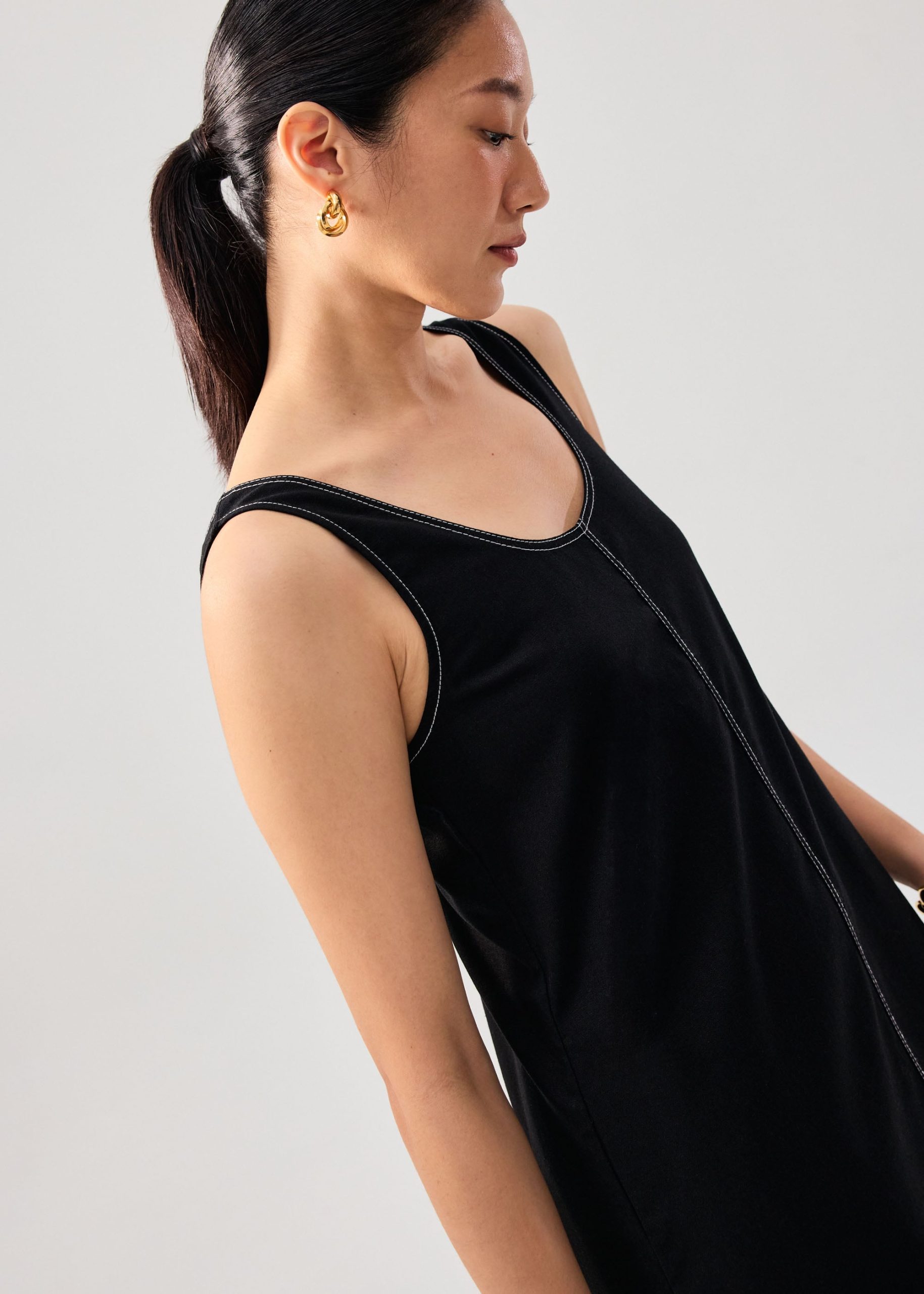 Contrast Stitch Cotton Scoop Neck A-Line Midi Dress - Image 8