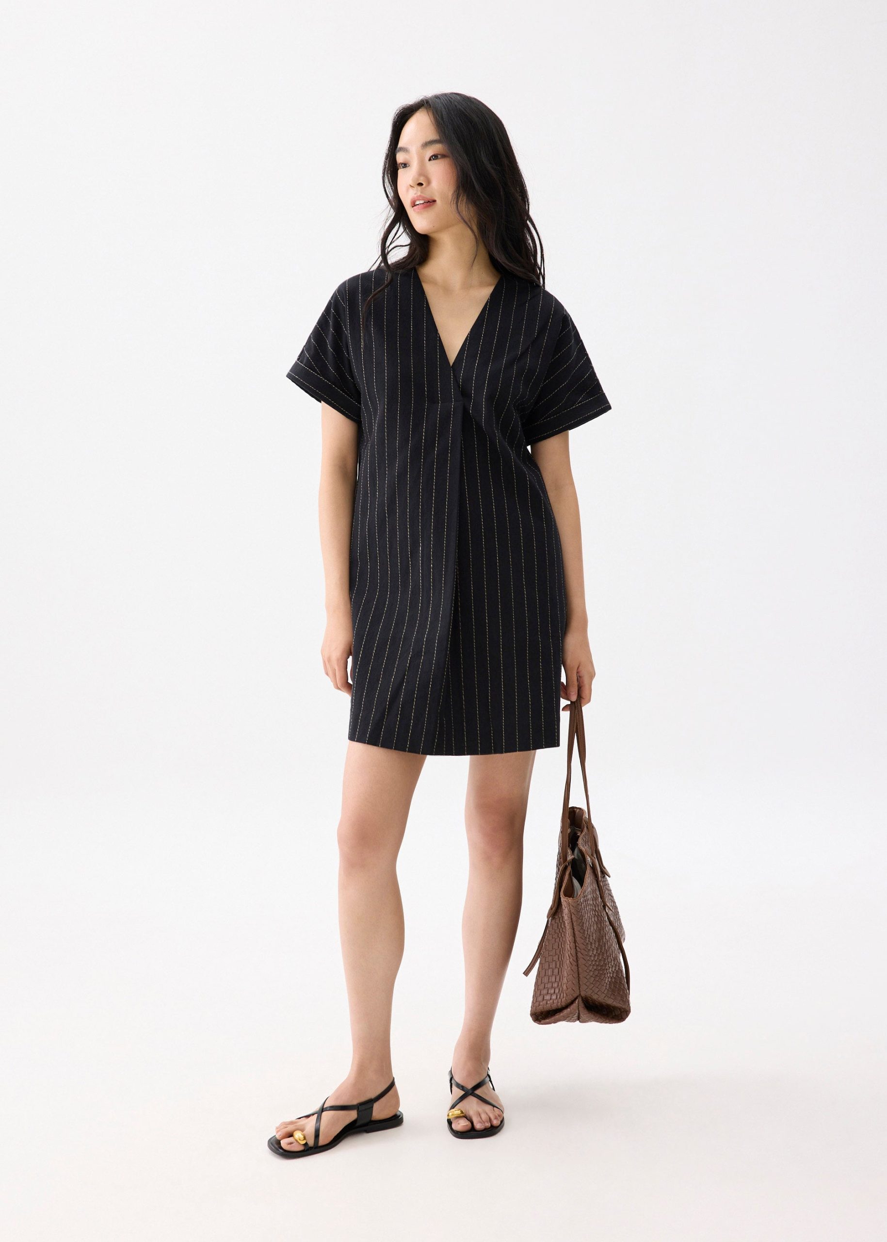 Linen Striped V-neck Shift Mini Dress - Image 3