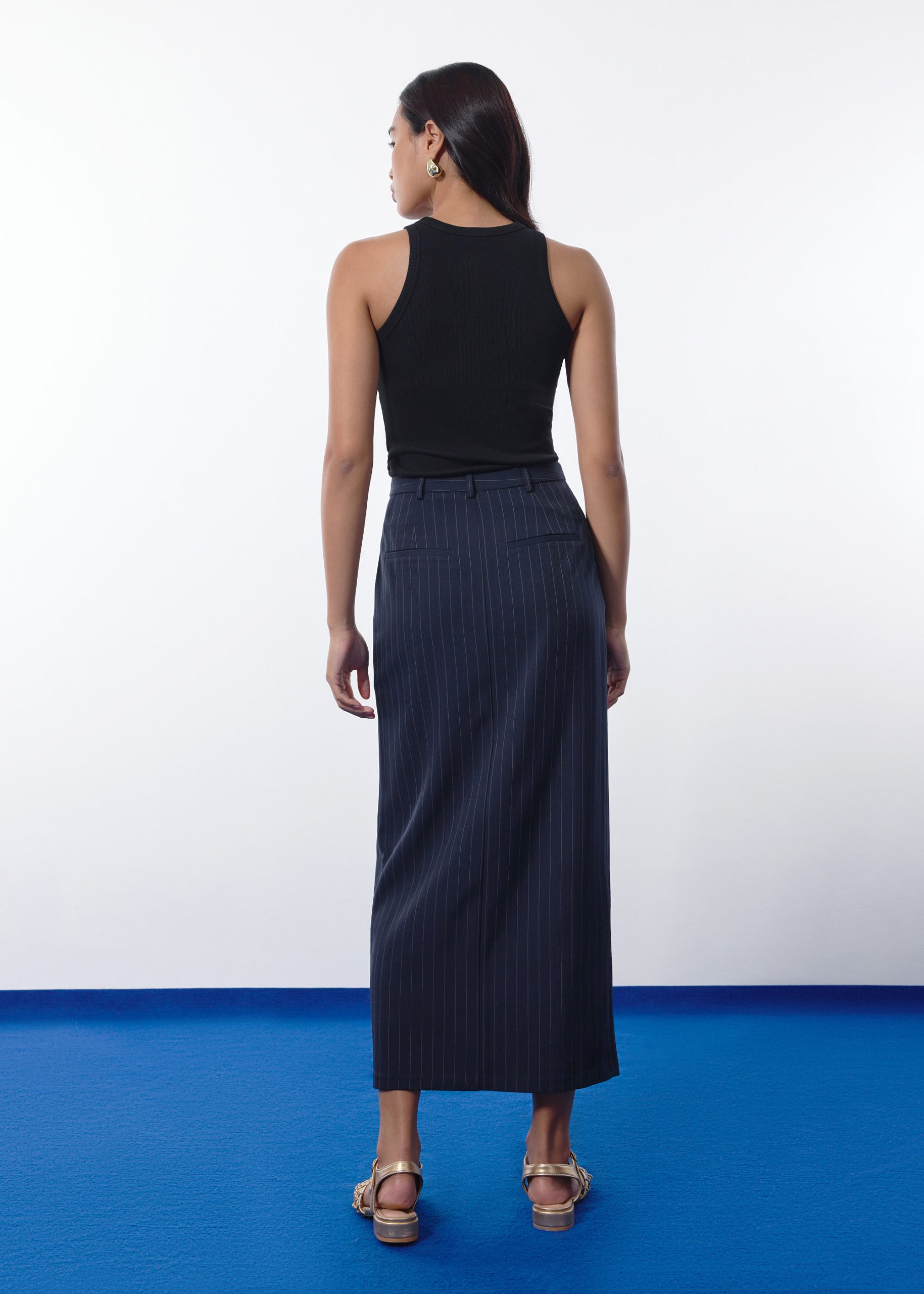 Blake Tailored Pinstripe Front Slit Column Maxi Skirt - Image 12