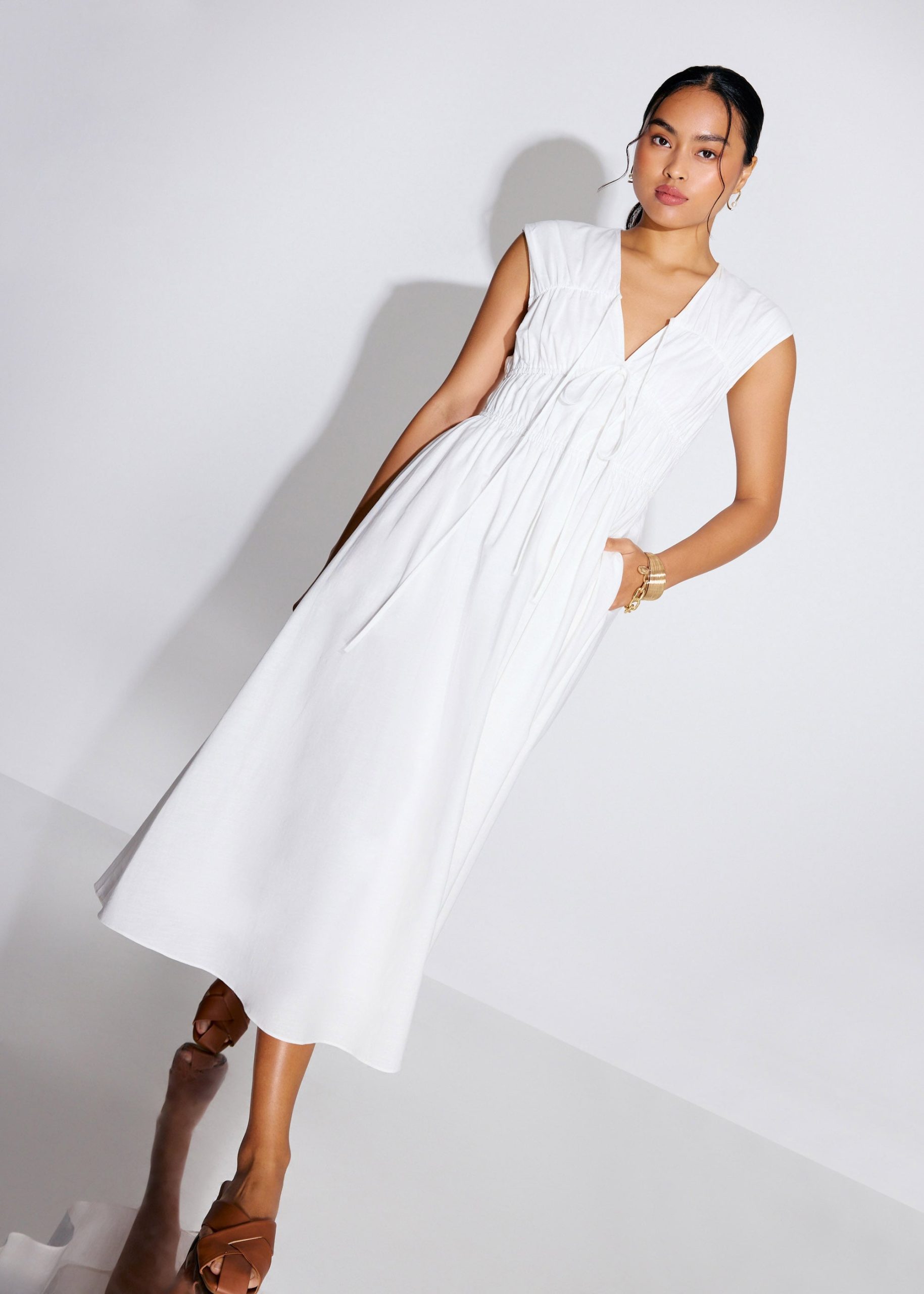 Linen Front Tie Fit & Flare Elastic Midaxi Dress - Image 11