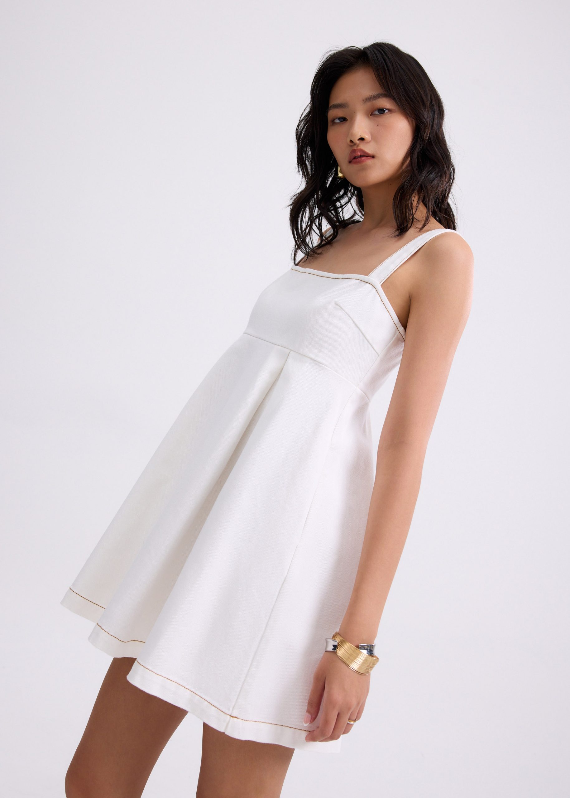 Denim Straight Neck Babydoll Mini Dress - Image 6
