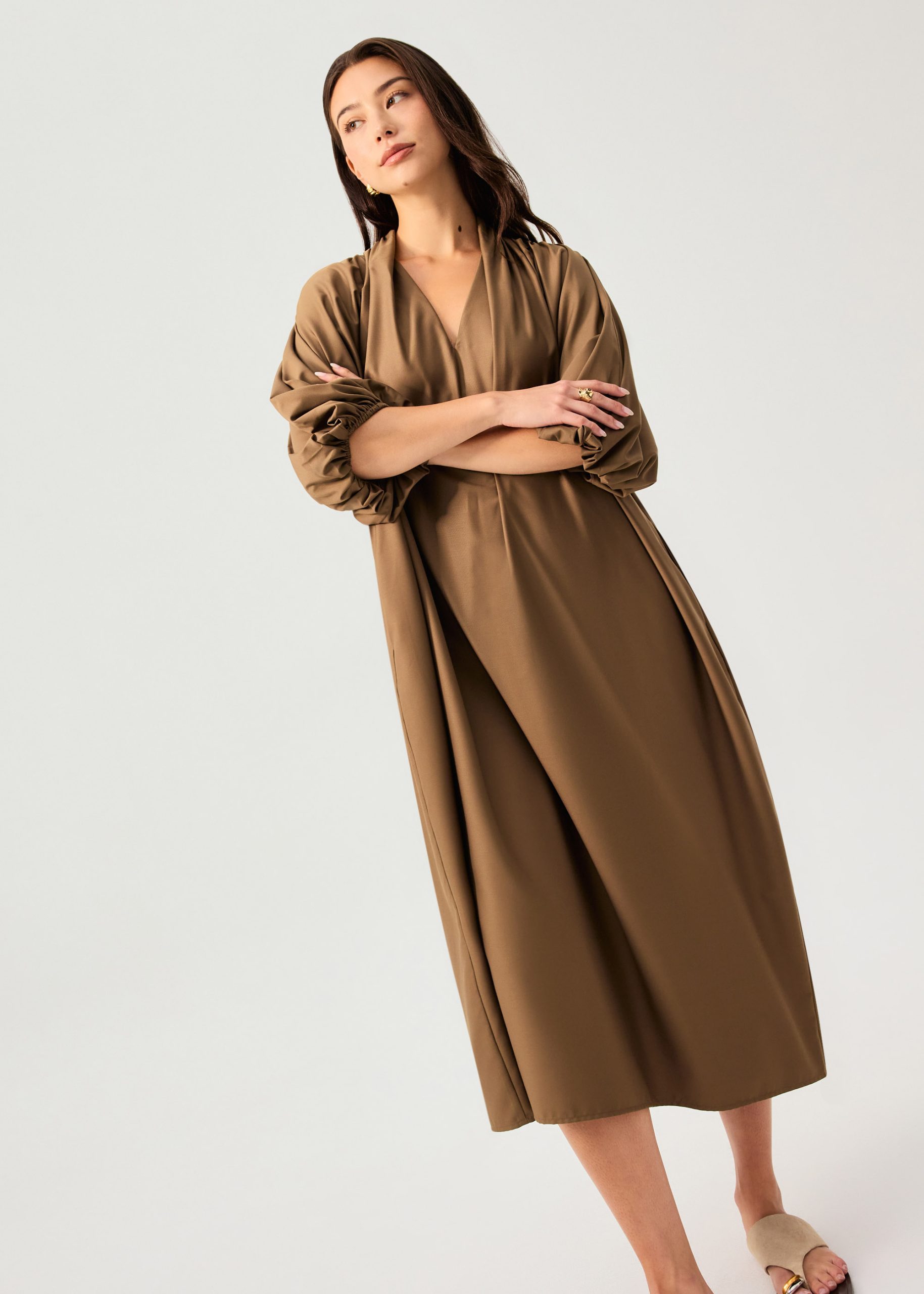 Detachable Sash Tie Puff Sleeve Cocoon Midaxi Dress - Image 12