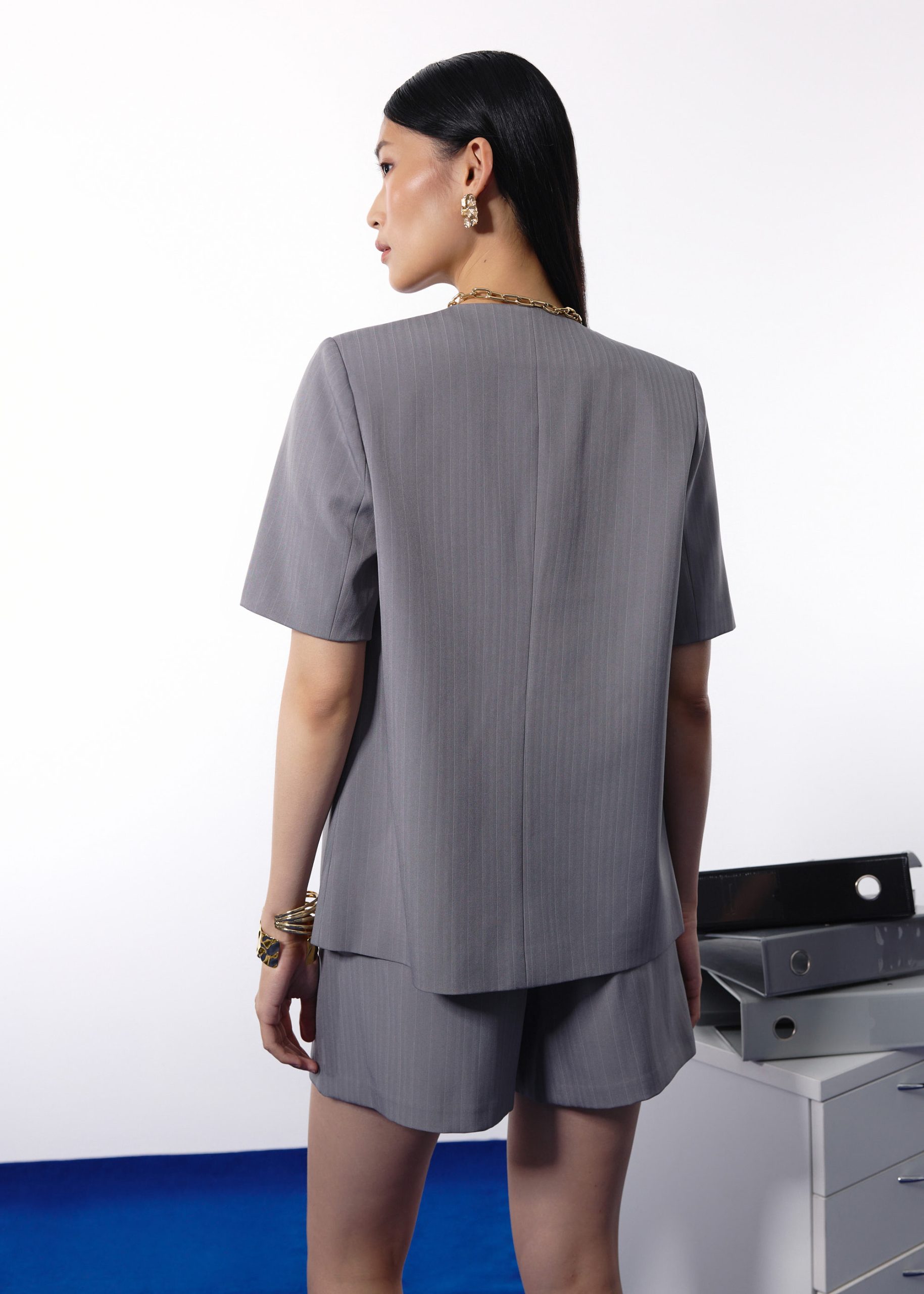 Dylan Pinstripe Collarless Boxy Blazer - Image 5