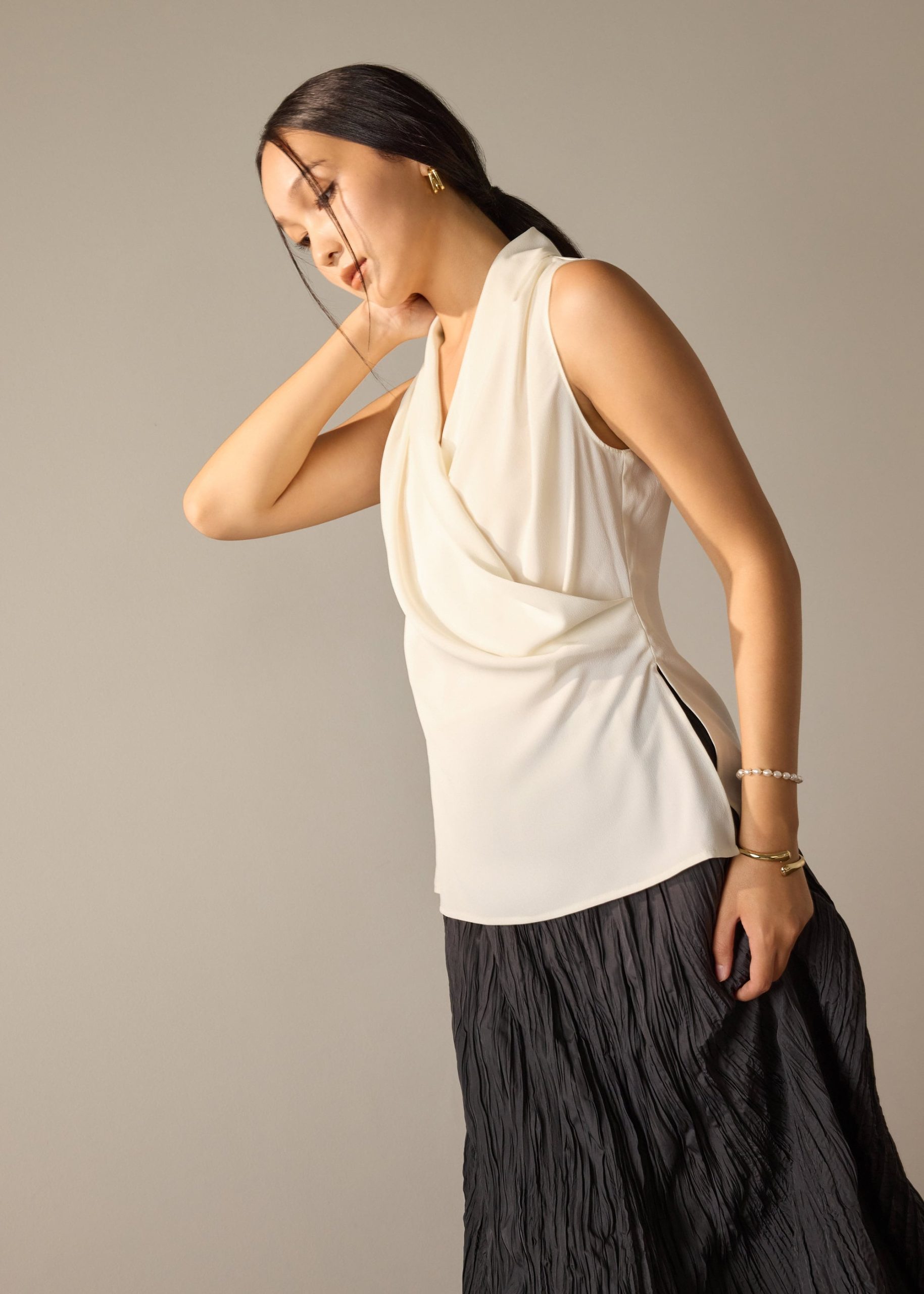 Krystal Crepe Satin Draped V-neck Top - Image 13