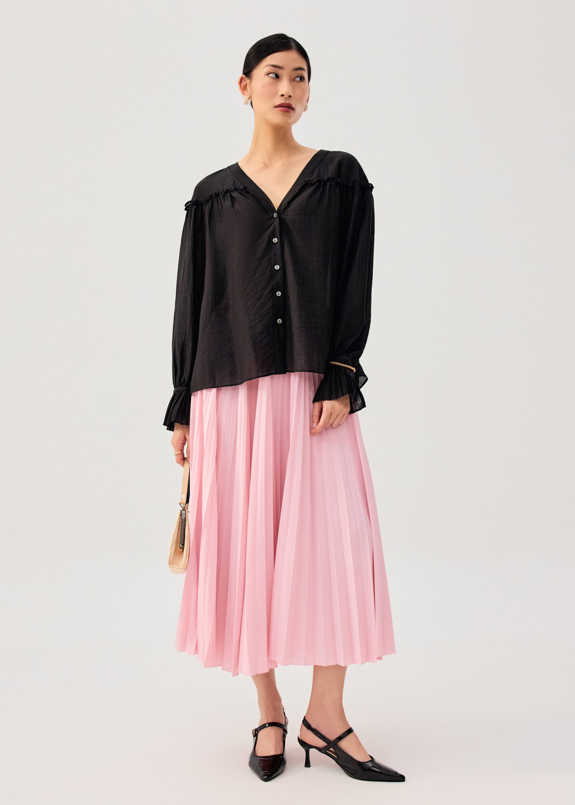 Relaxed Ruffle Trim Lyocell V-neck Long Blouse - Image 4