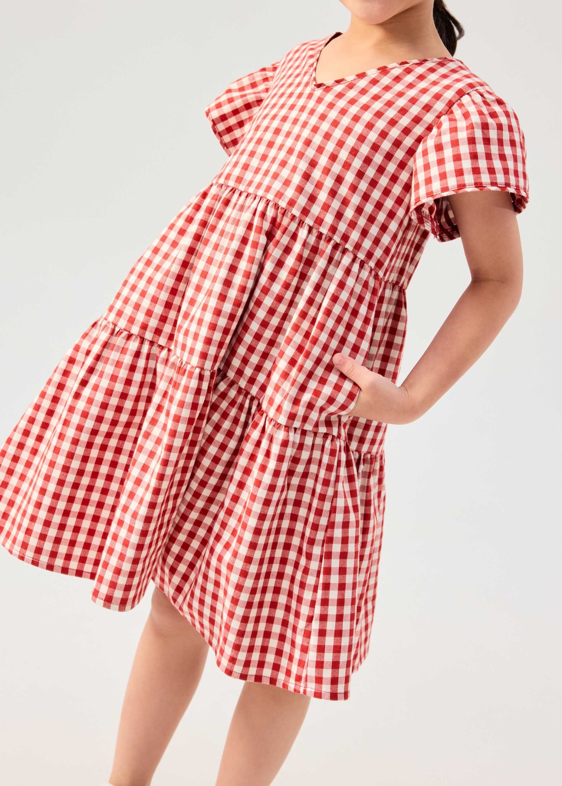 Girls' Tiered Gingham Cotton Cap Sleeve Trapeze Dress - Image 4