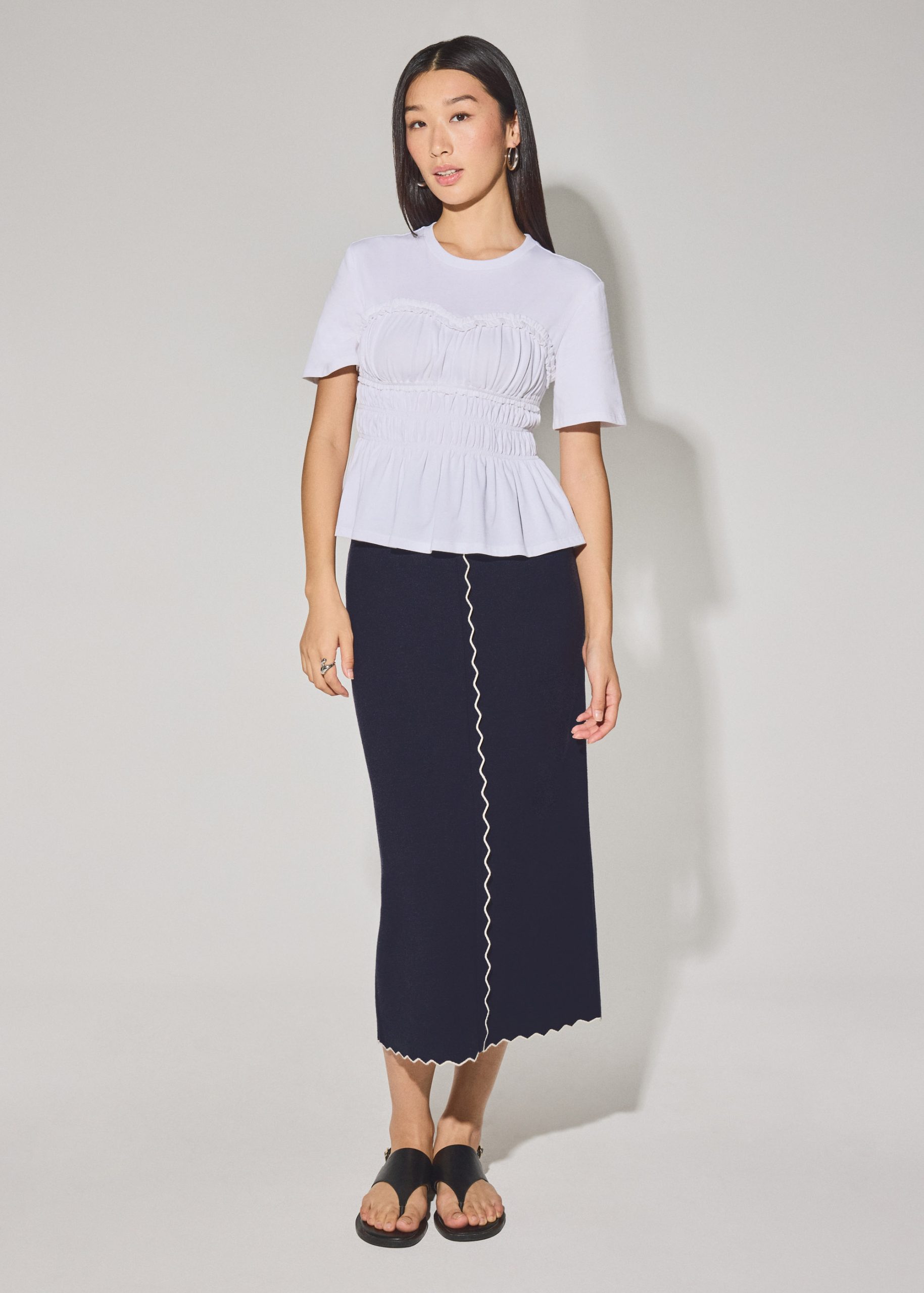 Jersey Ruched Bodice Round Neck Peplum Top - Image 3