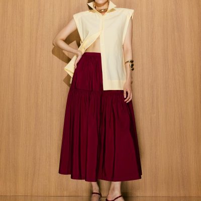 Elastic Tiered High Waist Flare Midaxi Skirt