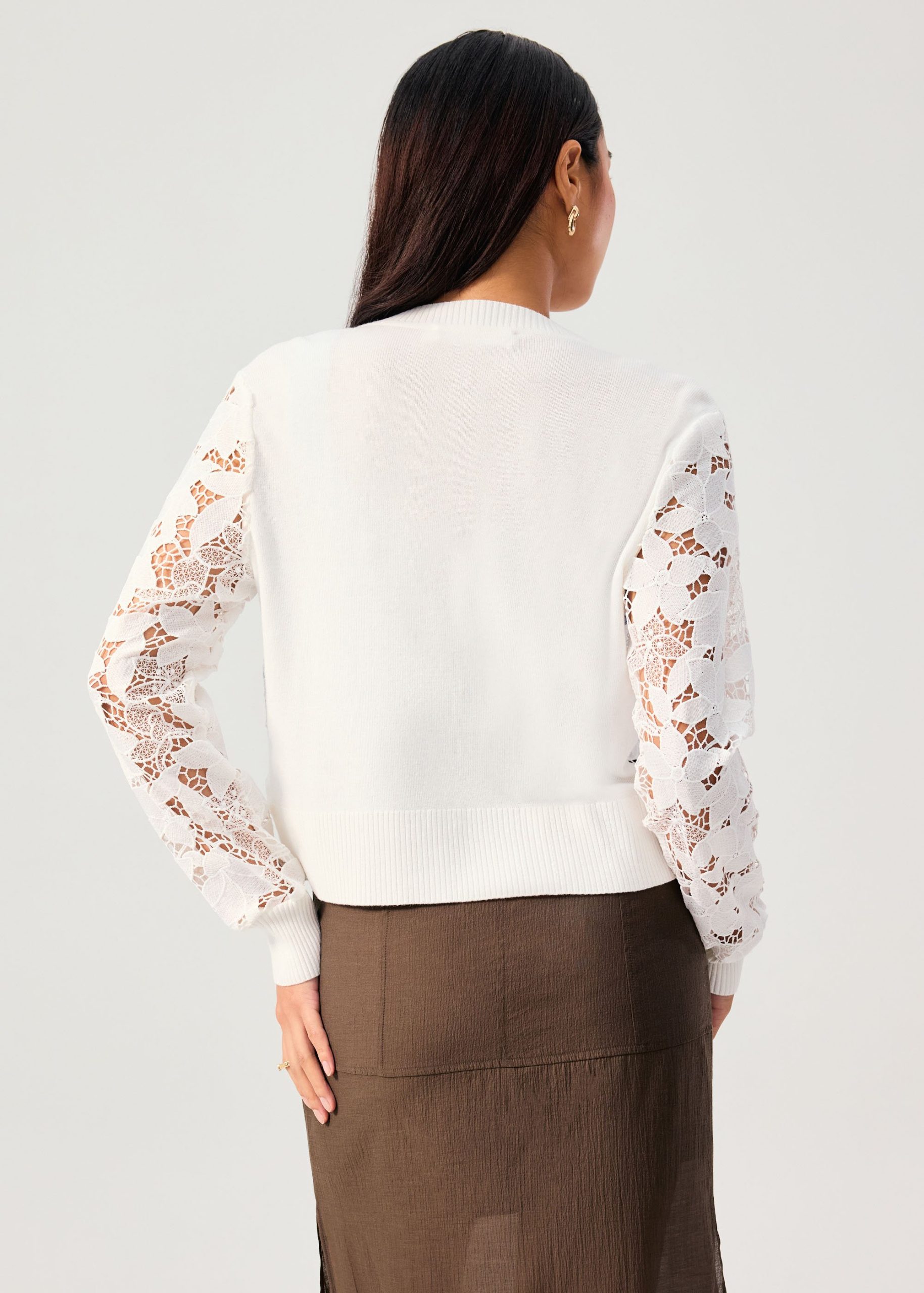 Floral Lace Knit Round Neck Cardigan - Image 3