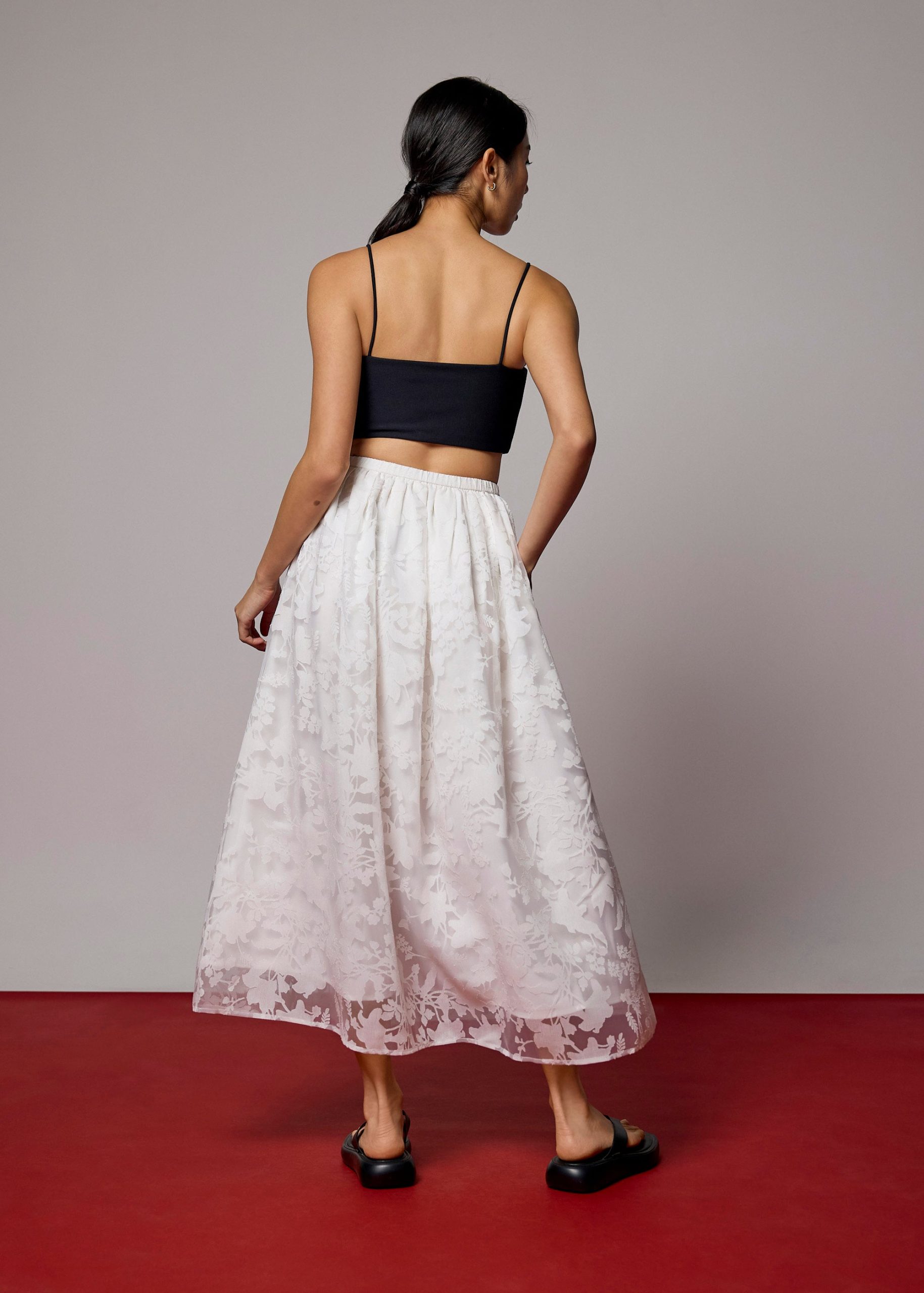 Elastic Jacquard High Waist Flare Maxi Skirt - Image 5