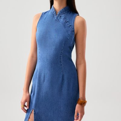 Denim Mandarin Collar Column Midaxi Dress