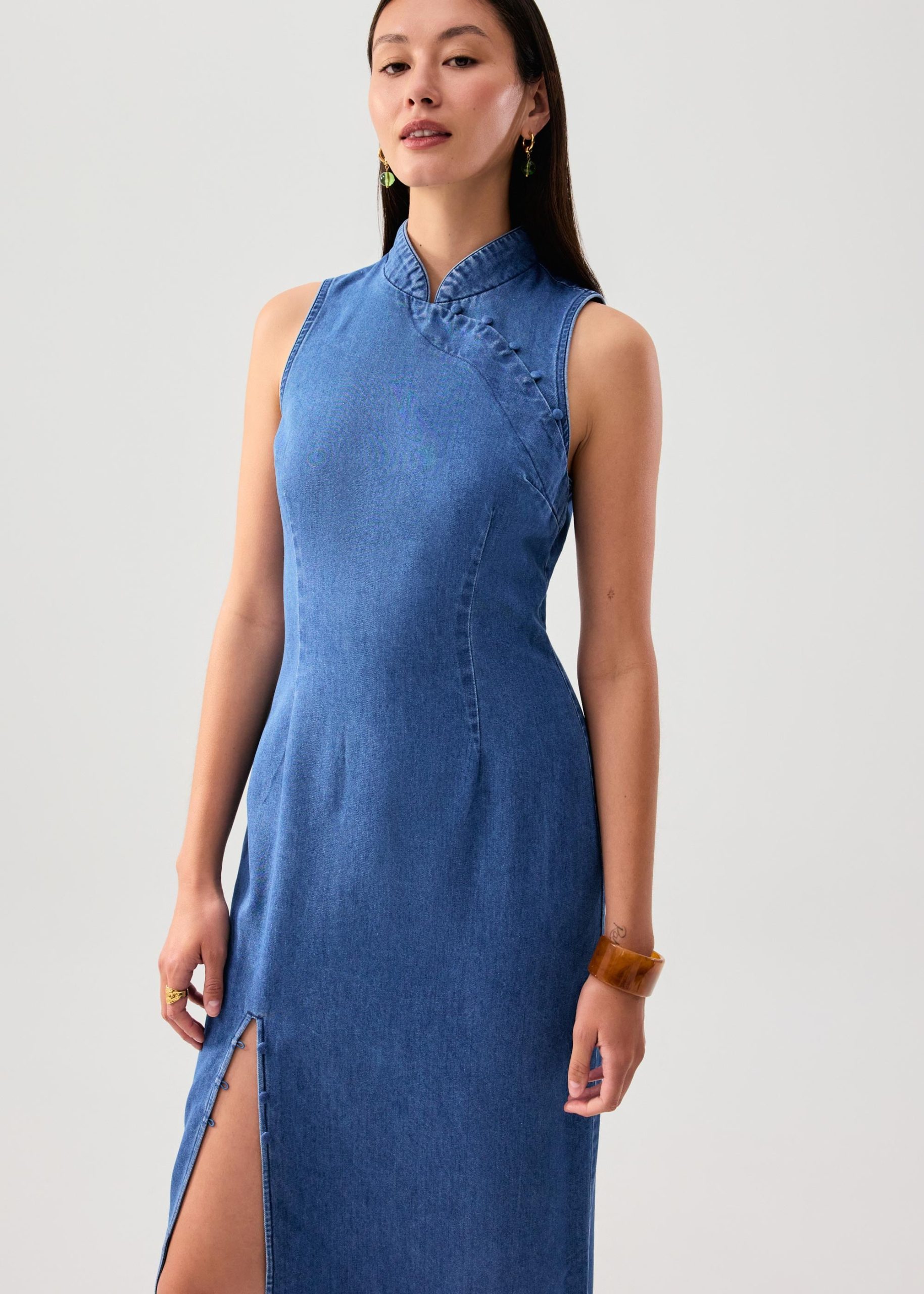 Denim Mandarin Collar Column Midaxi Dress