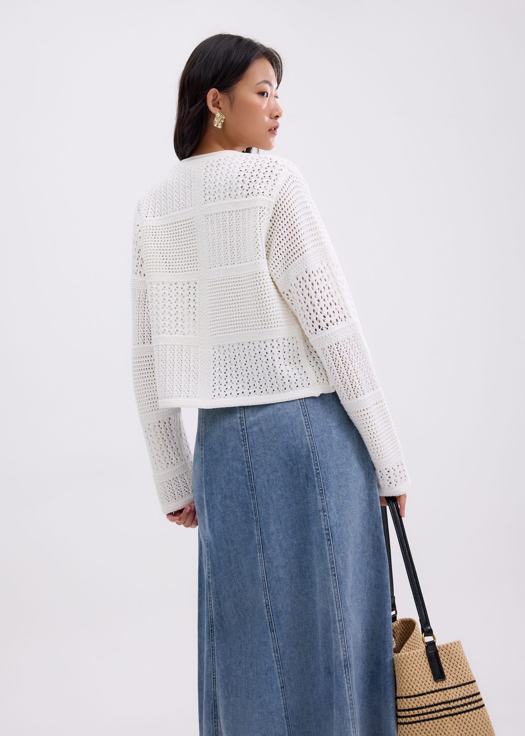 Relaxed Pointelle Knit Round Neck Cardigan - Image 10