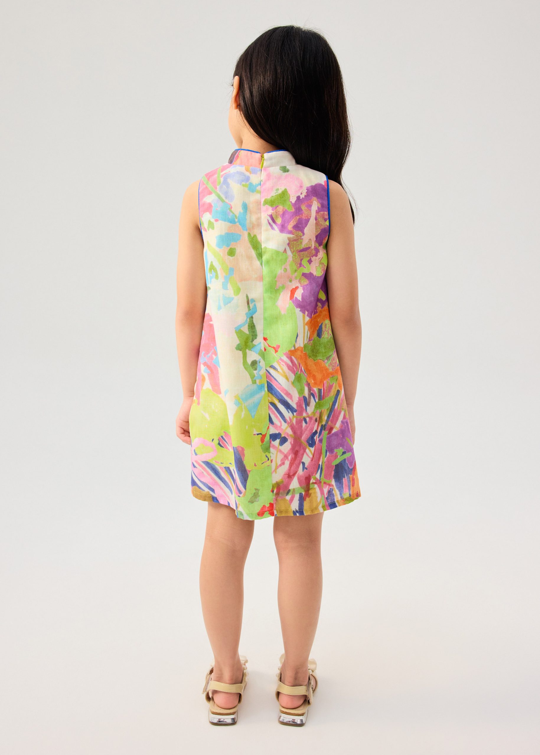 Girls' Scallop Edge Mandarin Collar Shift Midi Dress in Vivid Blooms - Image 5