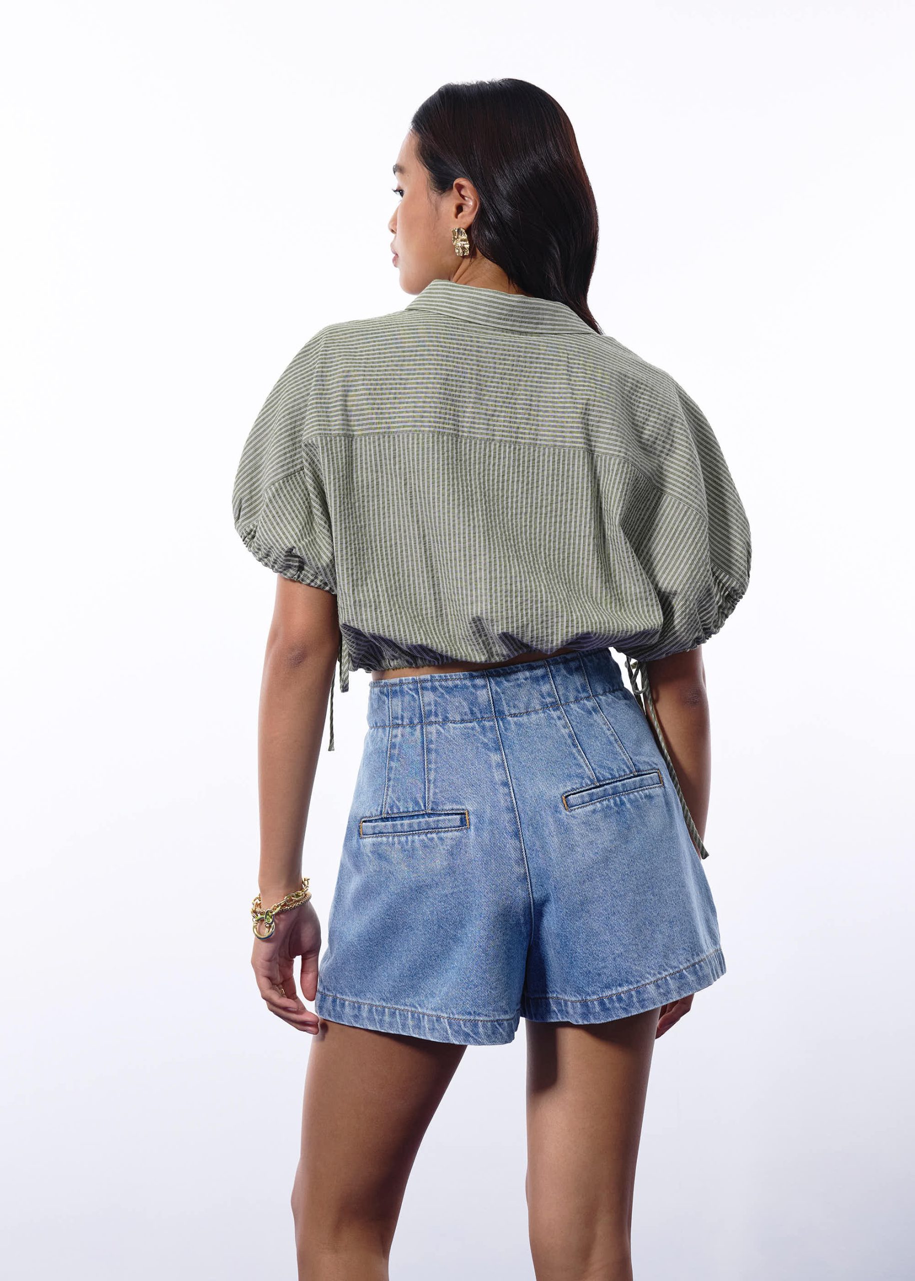 Relaxed Pinstripe Seersucker Collared Button Down Crop Shirt - Image 3
