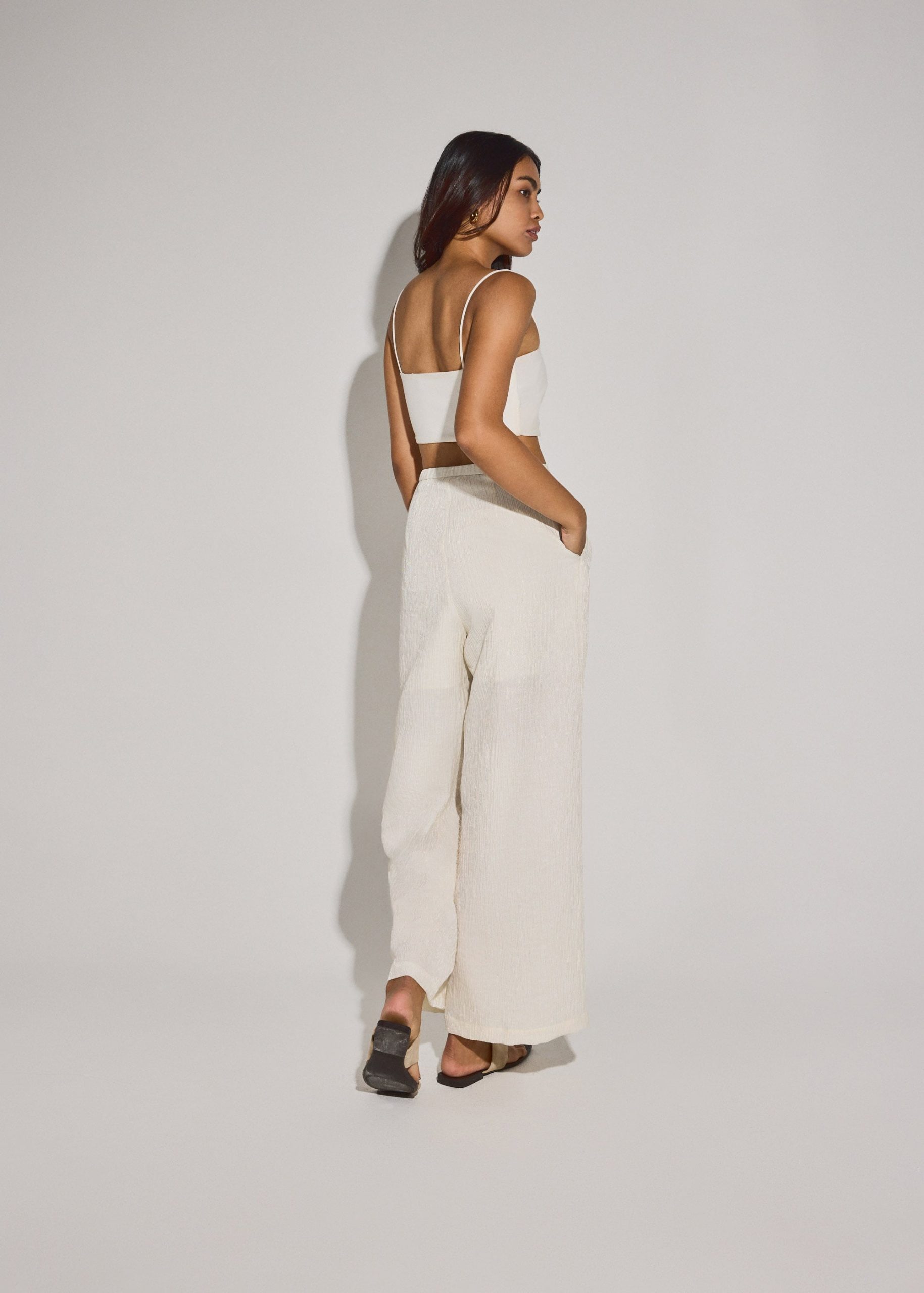 Elastic Textured Lyocell Mid Waist Straight Leg Pants - Image 13