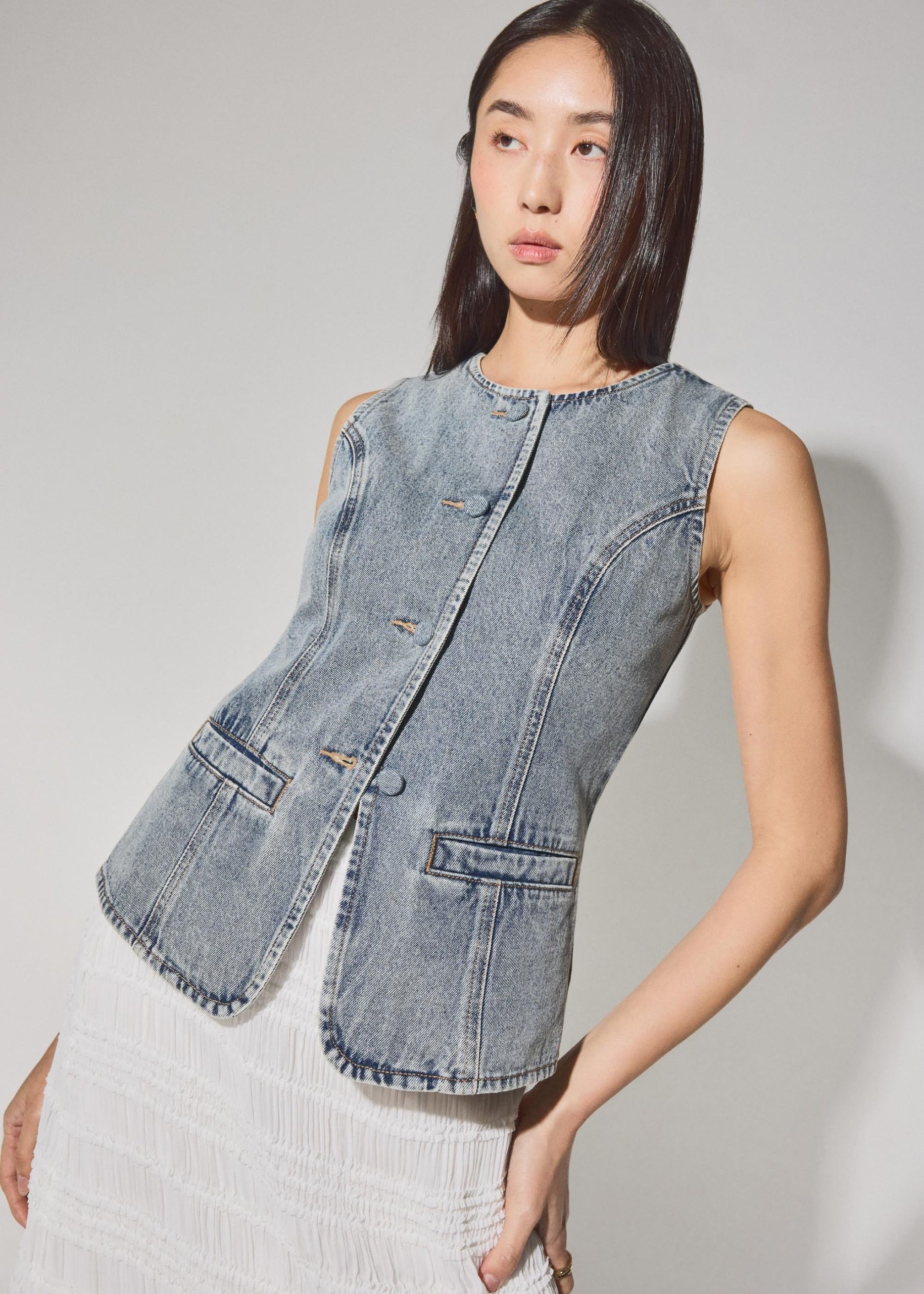 Denim Round Neck Fitted Vest - Image 6
