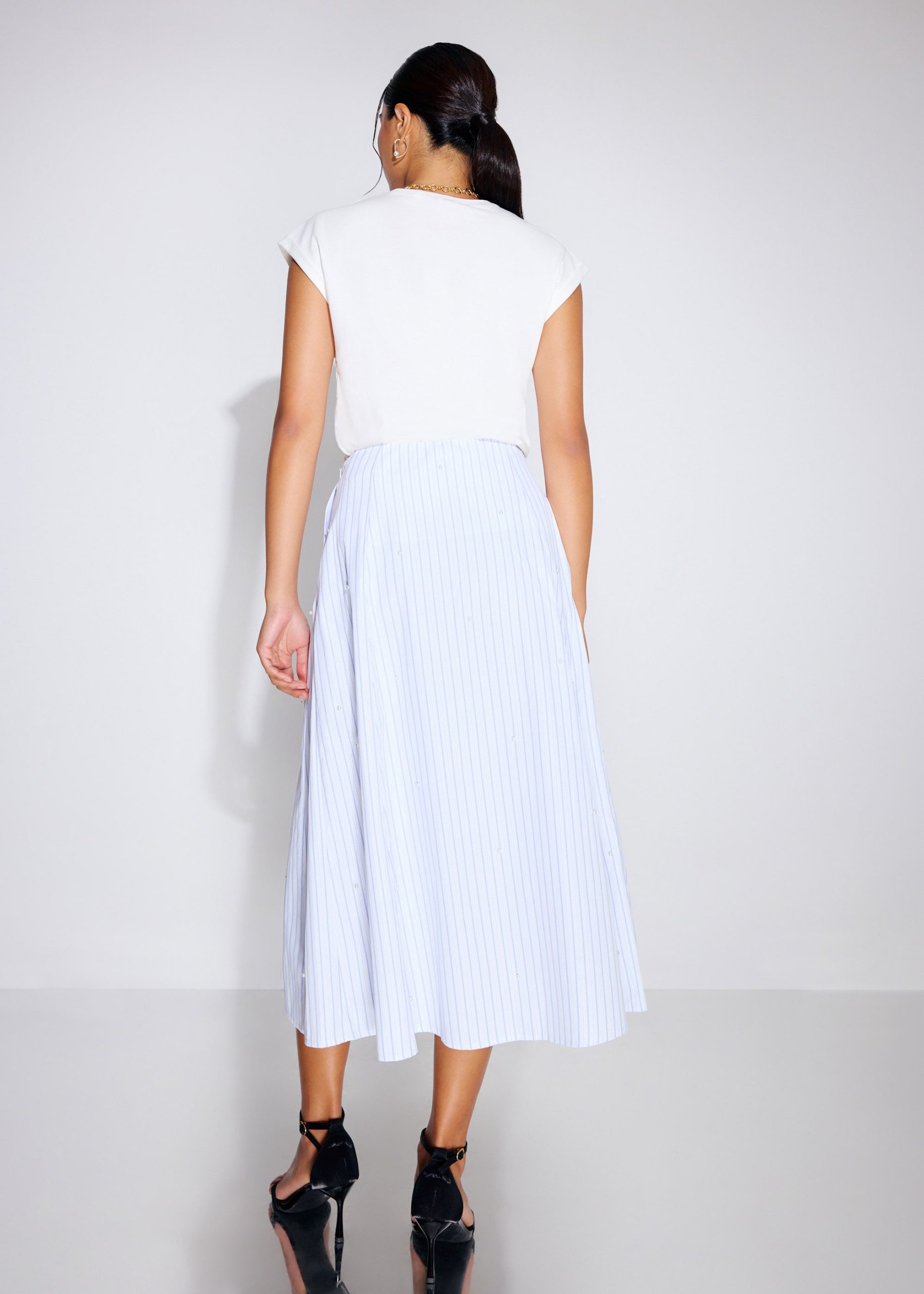 Pearl Embellished Pinstripe Flare Midaxi Skirt - Image 5