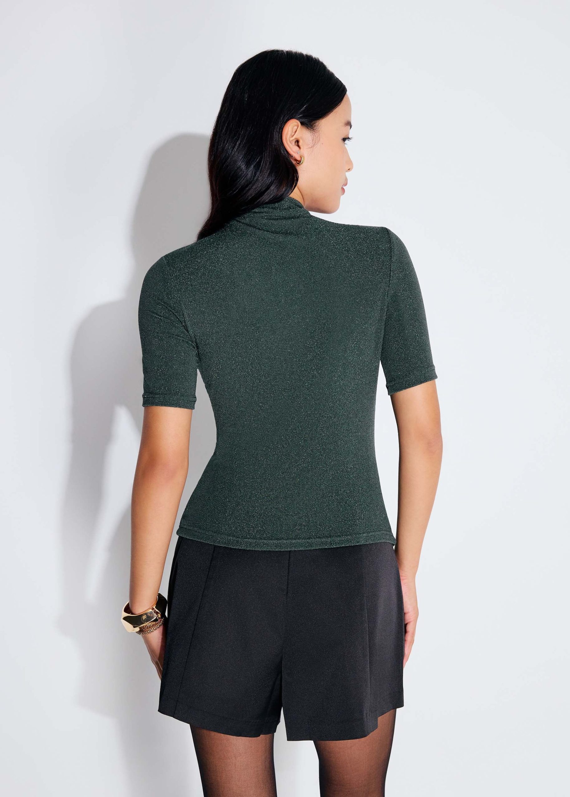 Lurex Jersey Cut Out Mock Neck Fitted Top - Image 9