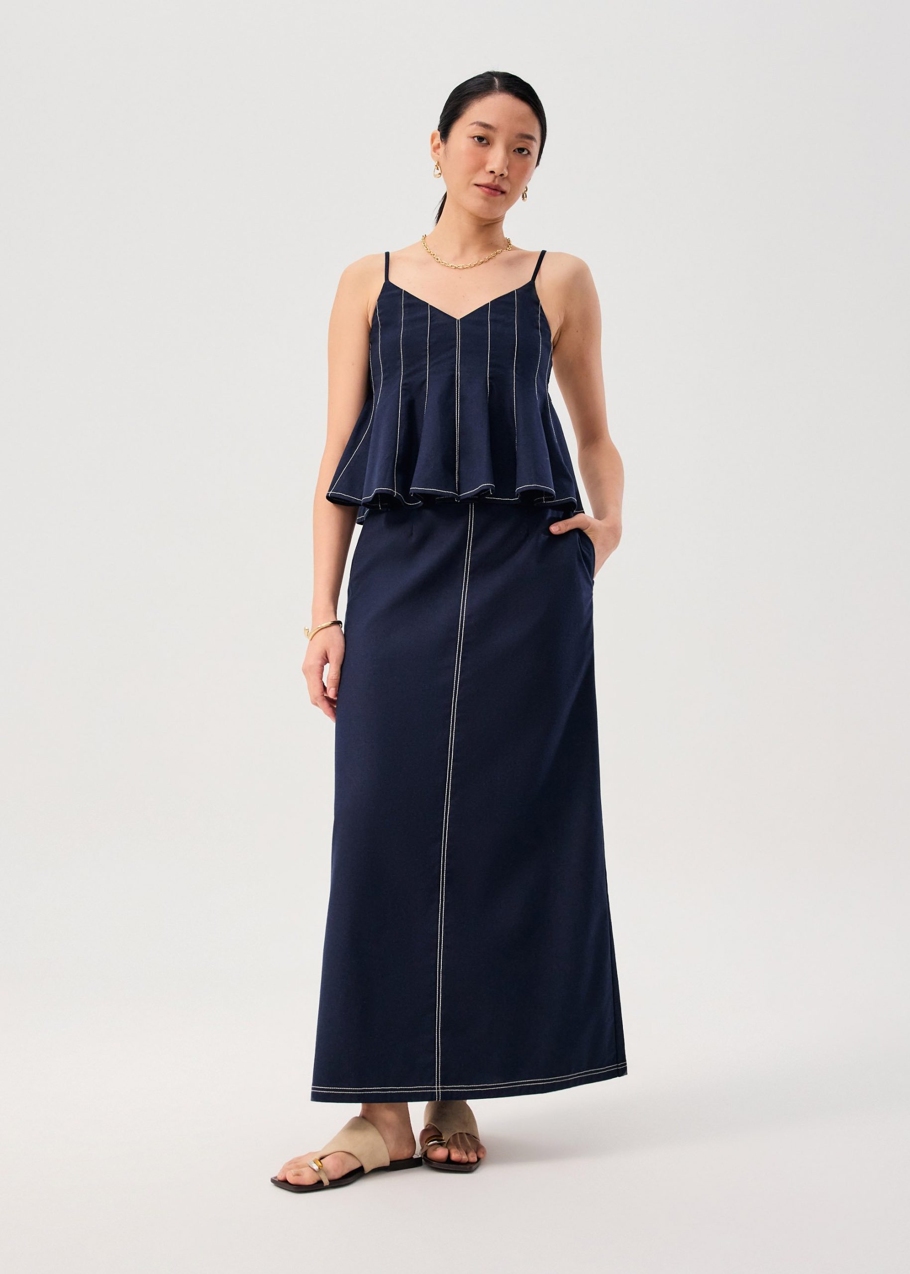 Elastic Contrast Stitch High Waist A-line Maxi Skirt - Image 7