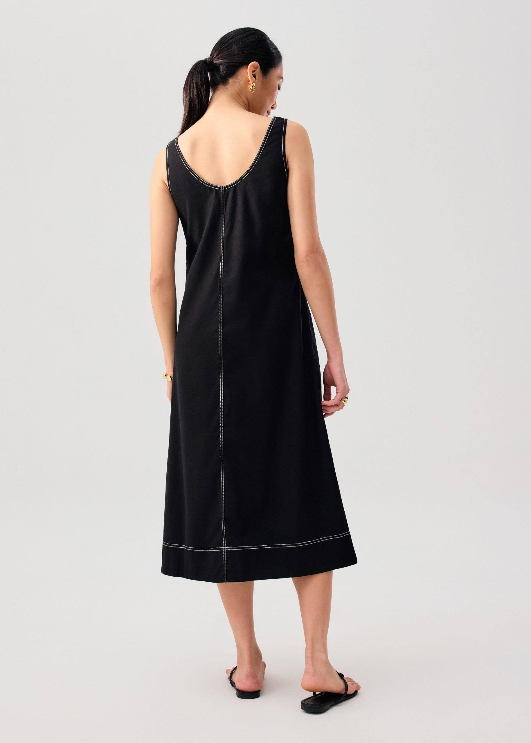Contrast Stitch Cotton Scoop Neck A-Line Midi Dress - Image 9