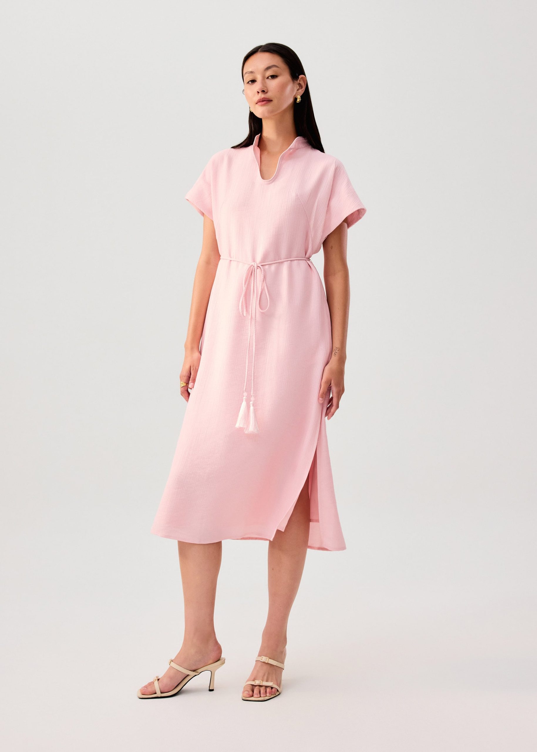 Detachable Sash Tie Crinkled Mandarin Collar Column Midi Dress - Image 6