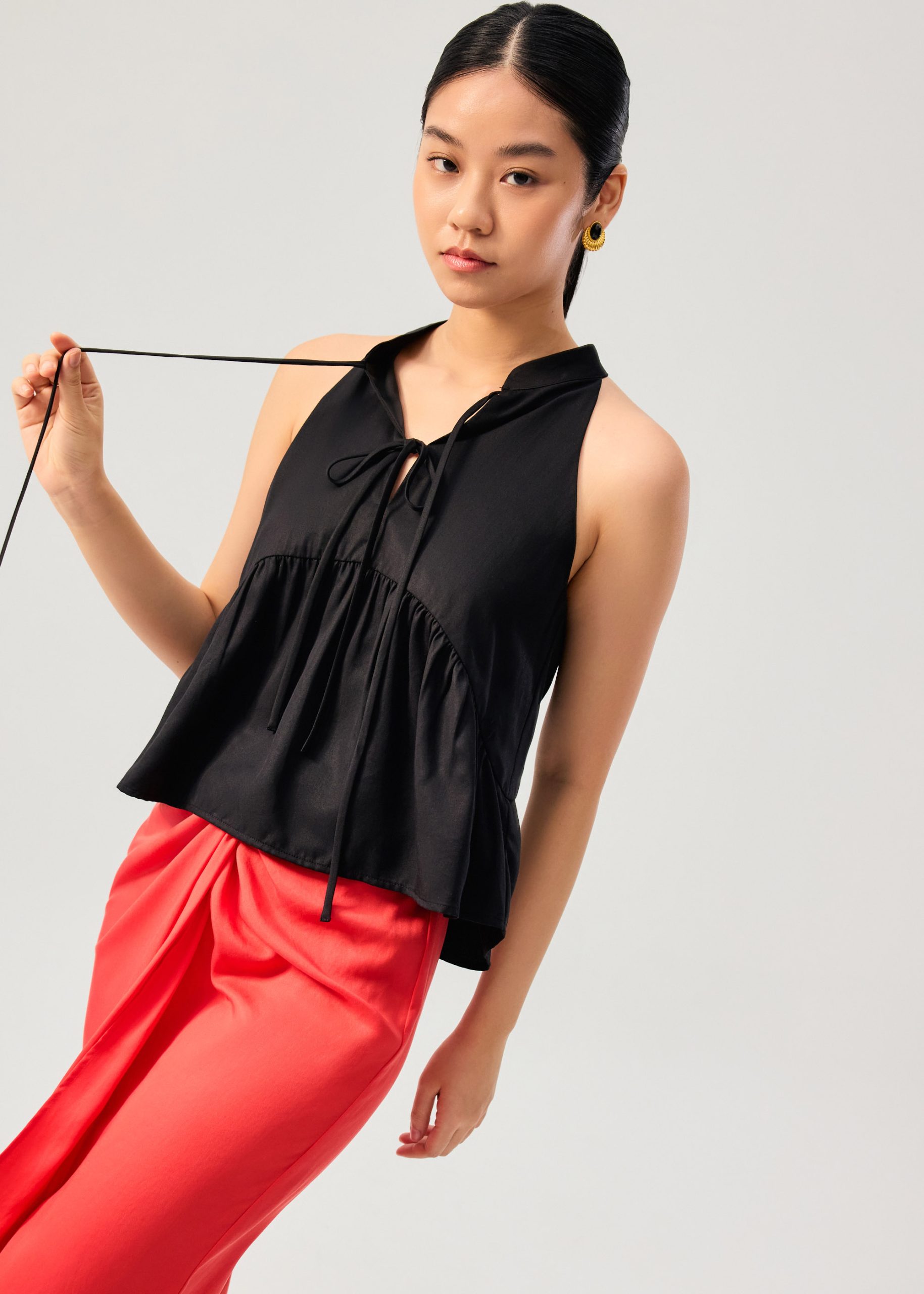 Lyocell Pleated Front Tie Mandarin Collar Peplum Shell Top - Image 6