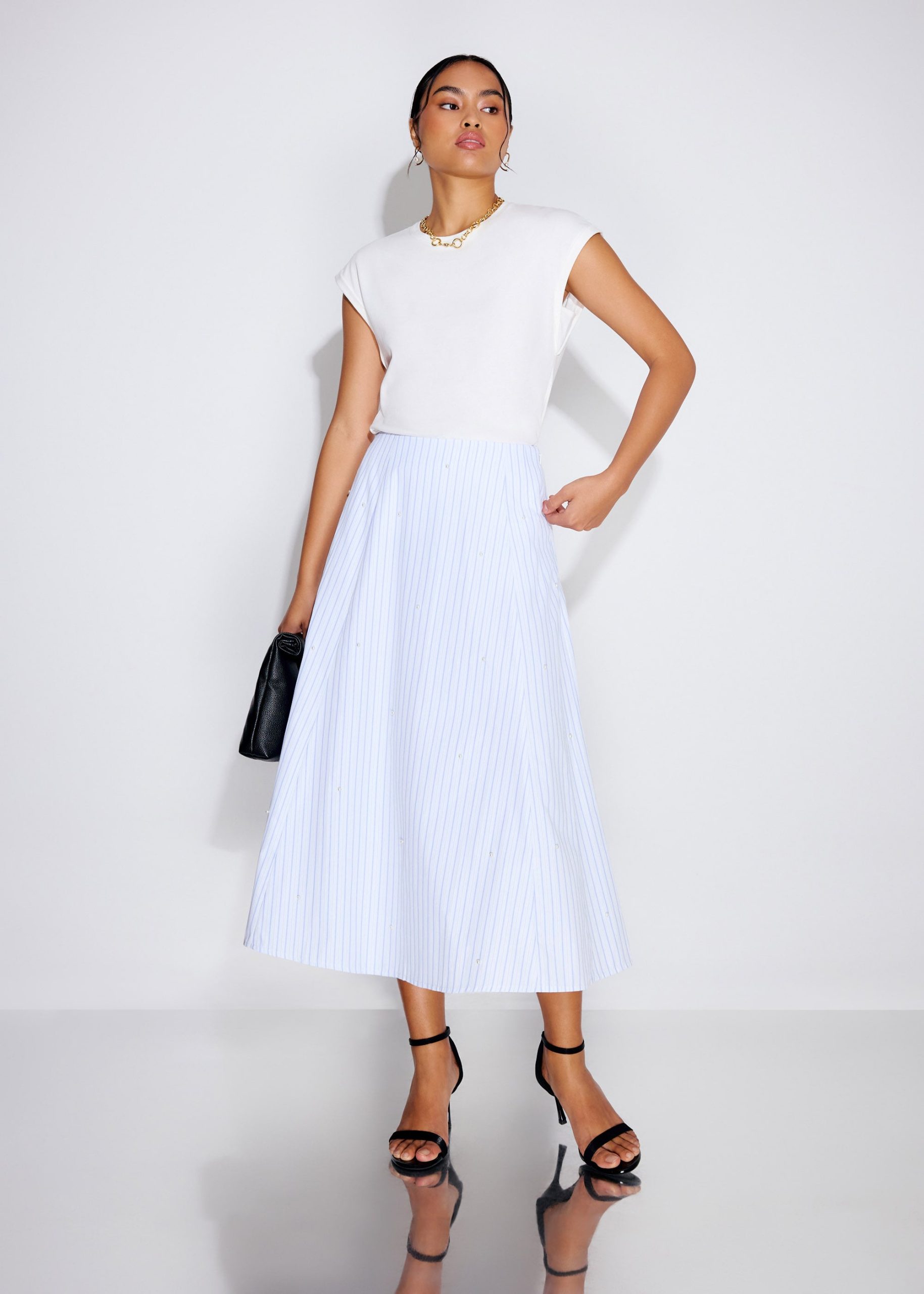 Pearl Embellished Pinstripe Flare Midaxi Skirt - Image 3